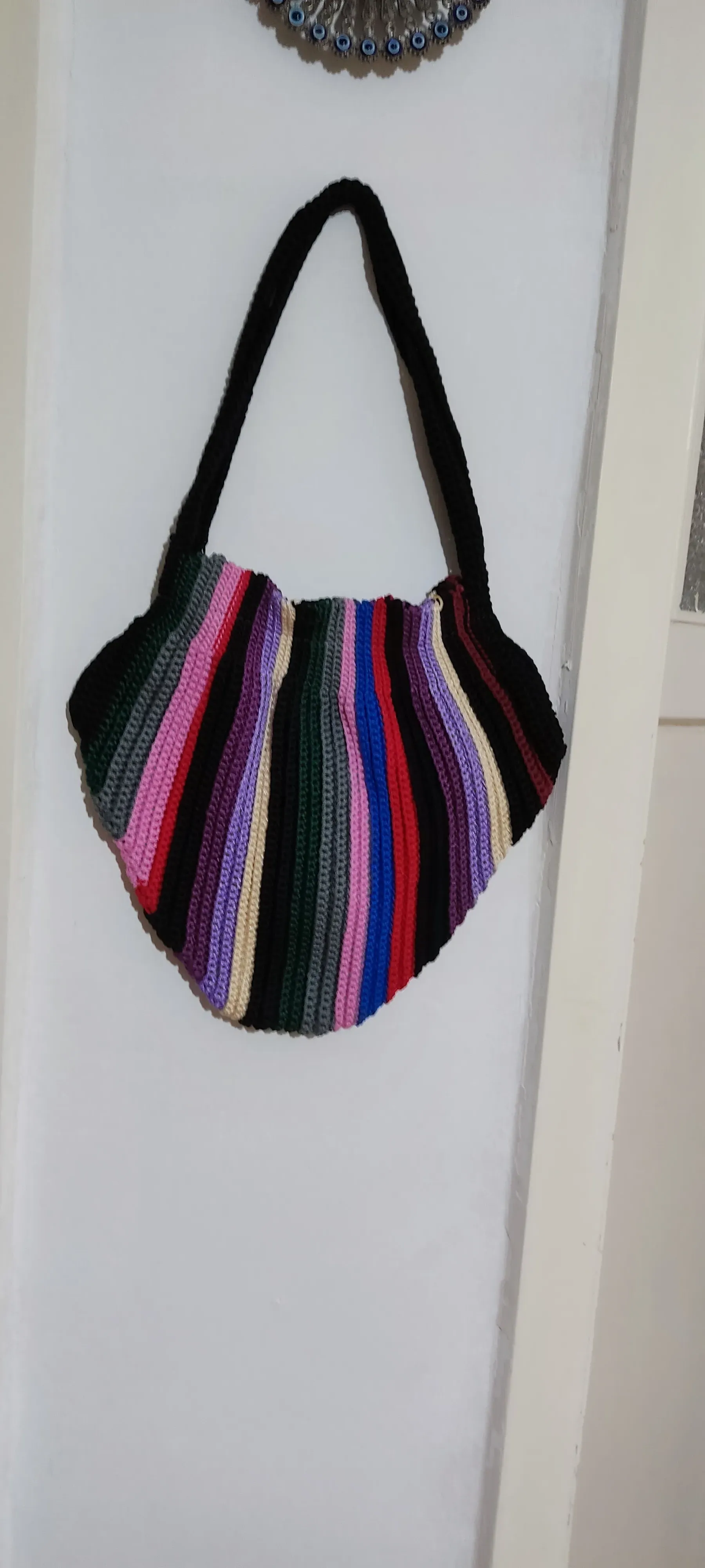 Renkli Çizgili Makrome Omuz Çantası - Astar ve Fermuarlı, El Yapımı