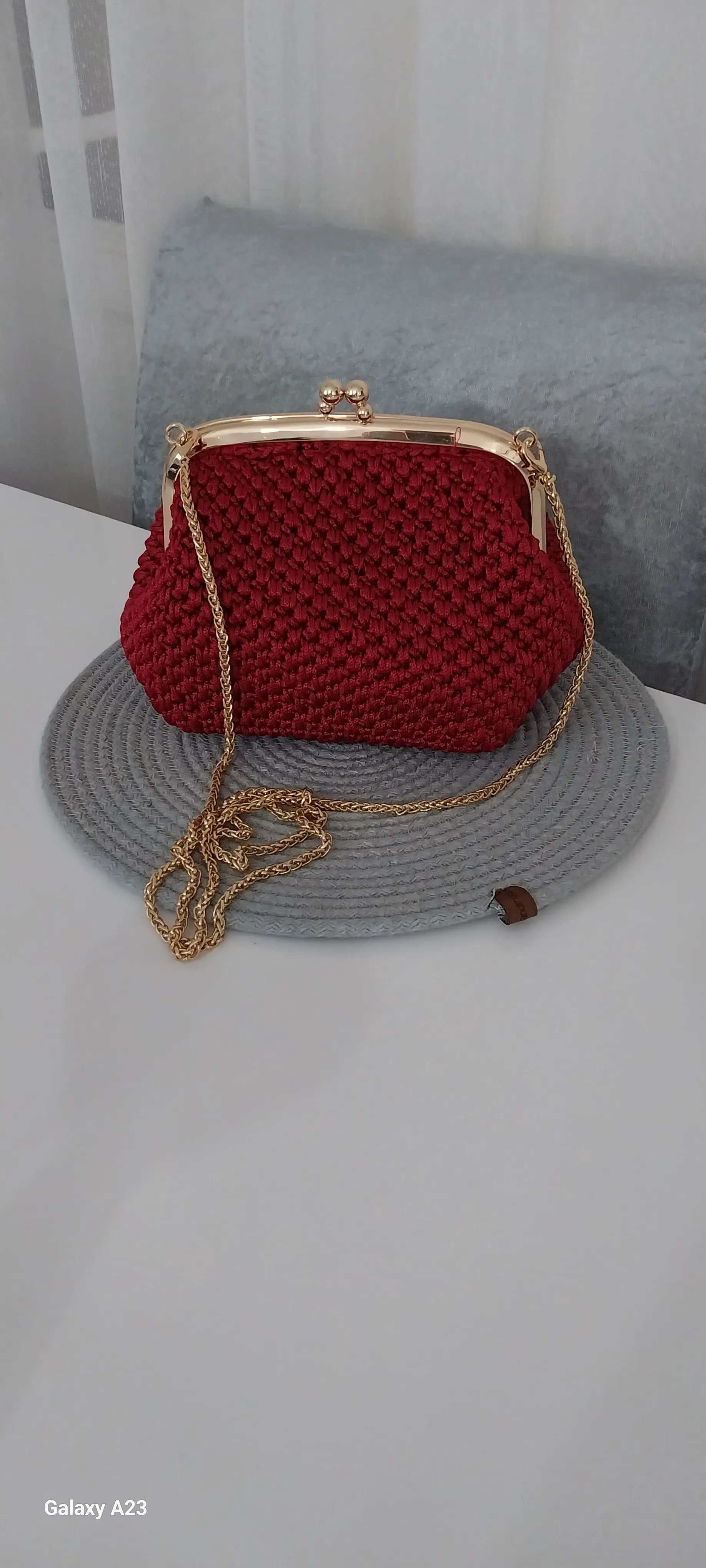 Red Knitted Evening Bag - Gold Color Chain Detailed and Lined