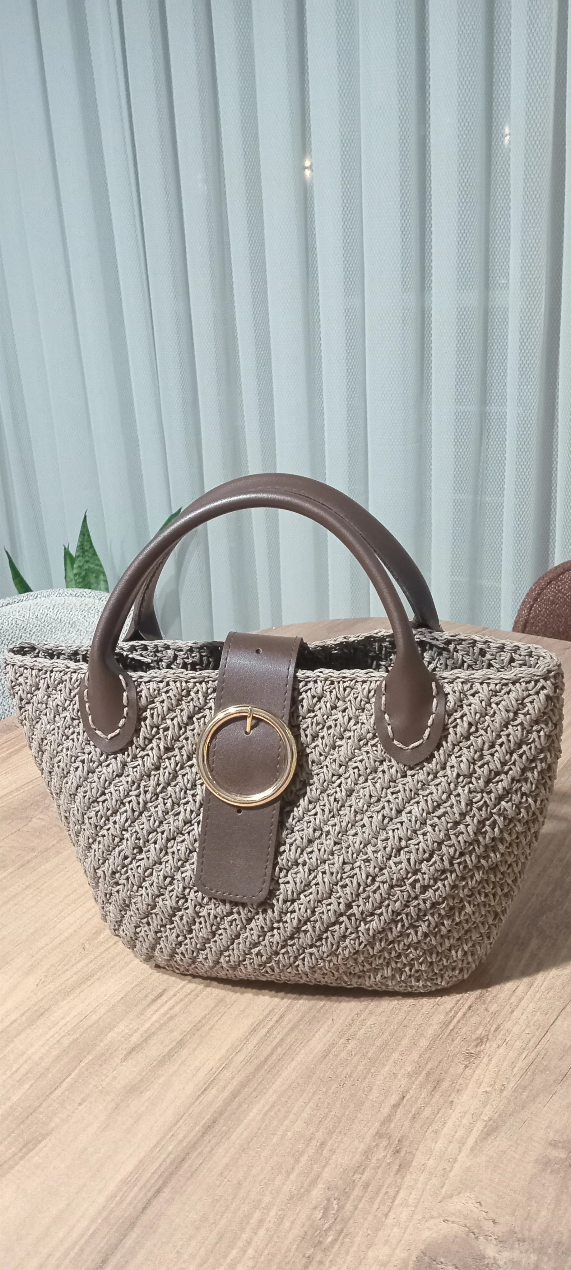 Kağıt İp Örgü Omuz Çantası - Düz Model Kahverengi Detaylı El Emeği