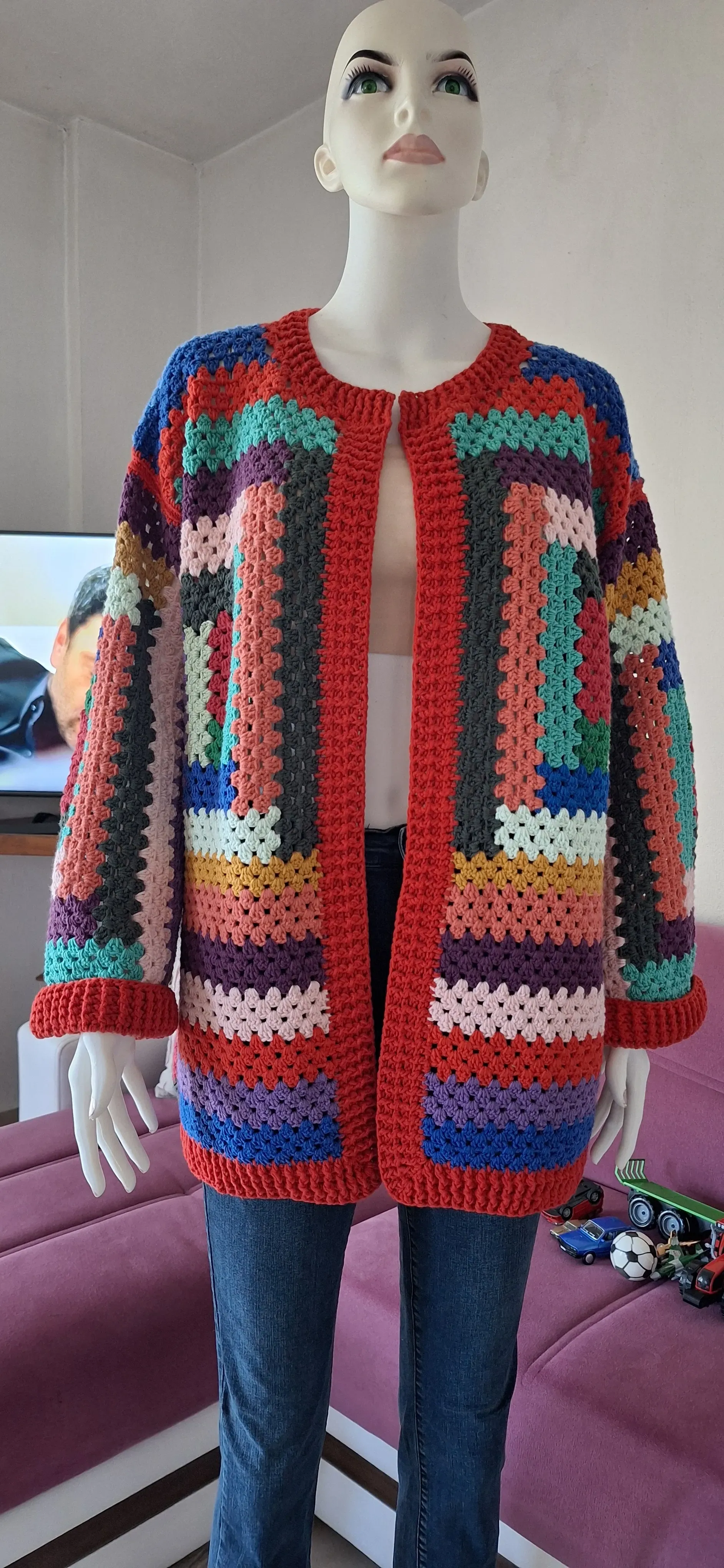 Çok Renkli Örgü Hırka - Pamuklu, 38-42 Beden Uyumlu - El Emeği