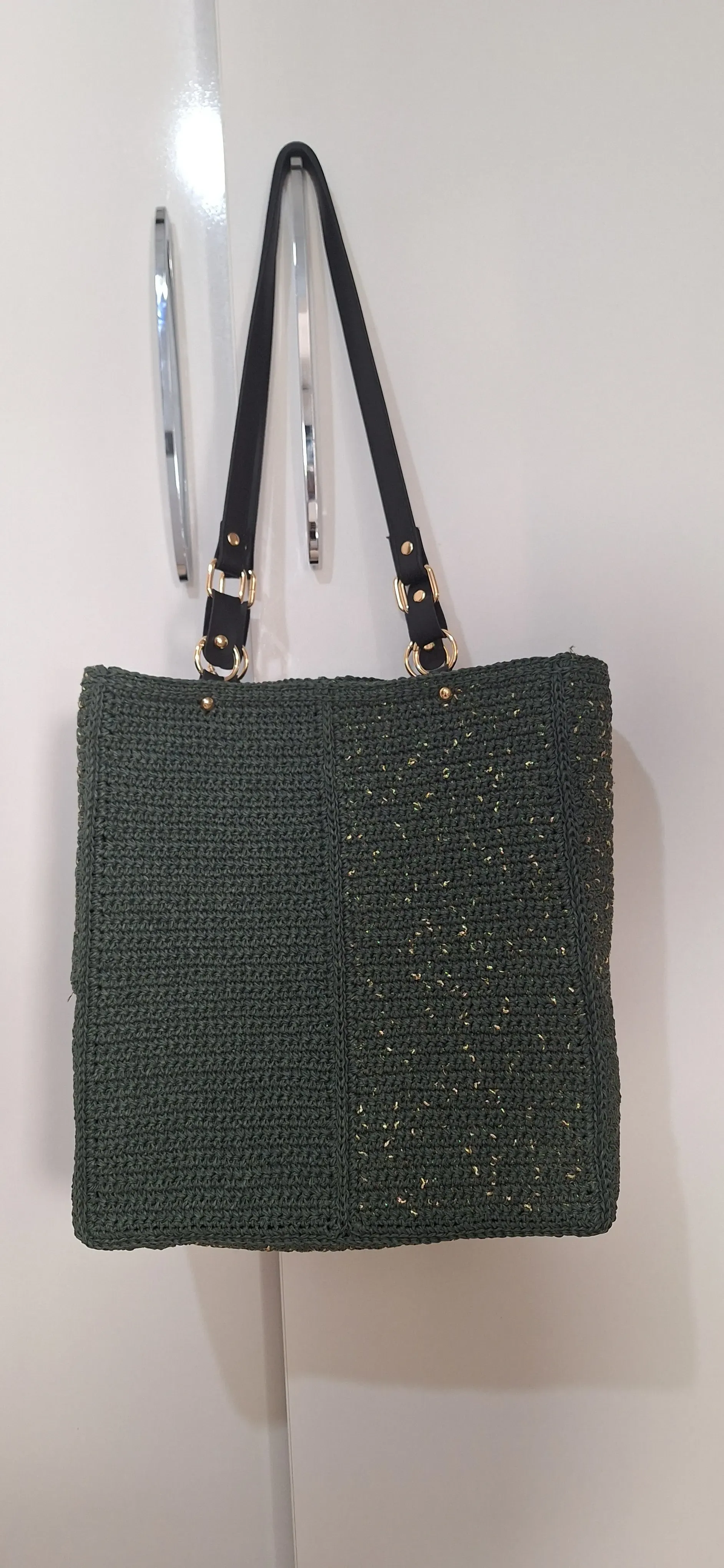 Örme Plaj Çantası - Büyük Boy, Yeşil Renk, Deri Saplı