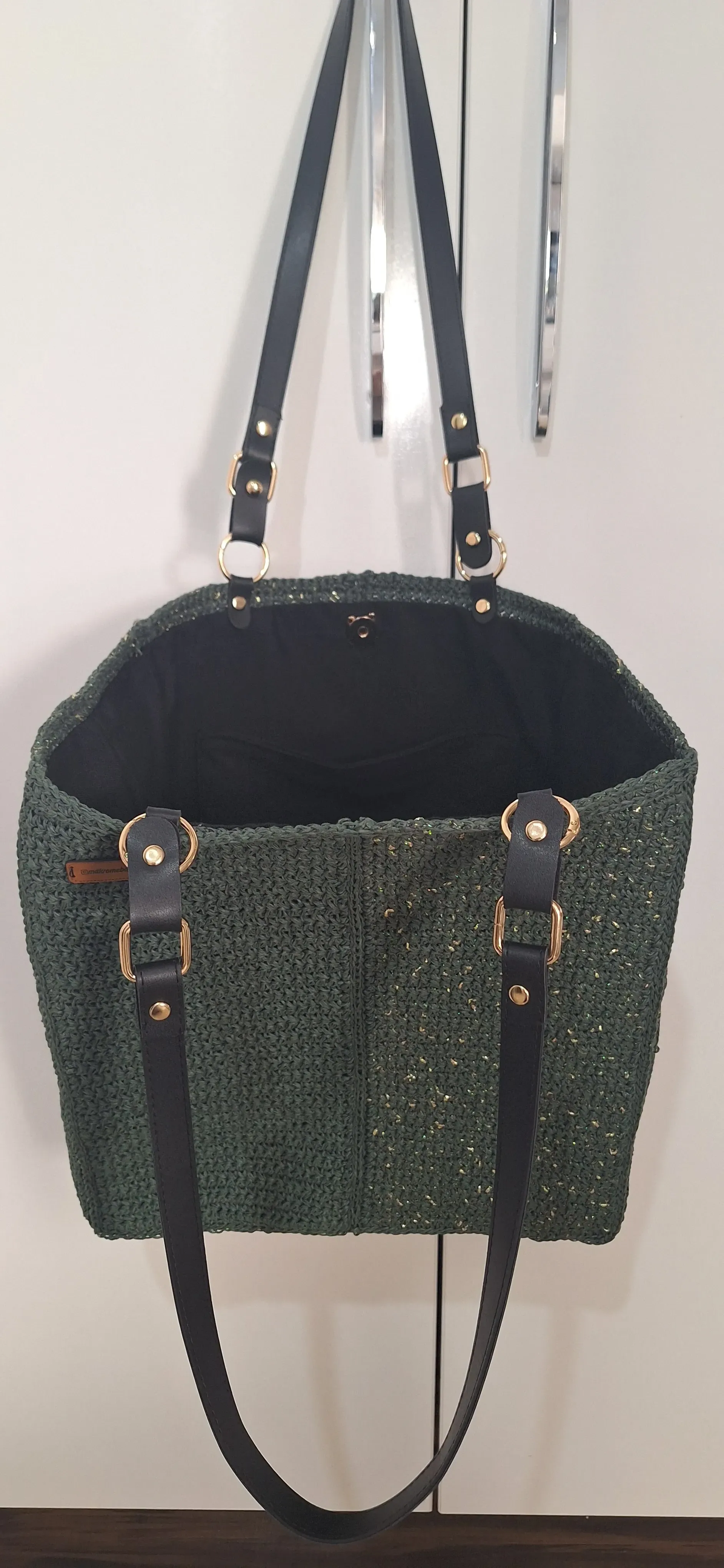 Örme Plaj Çantası - Büyük Boy, Yeşil Renk, Deri Saplı