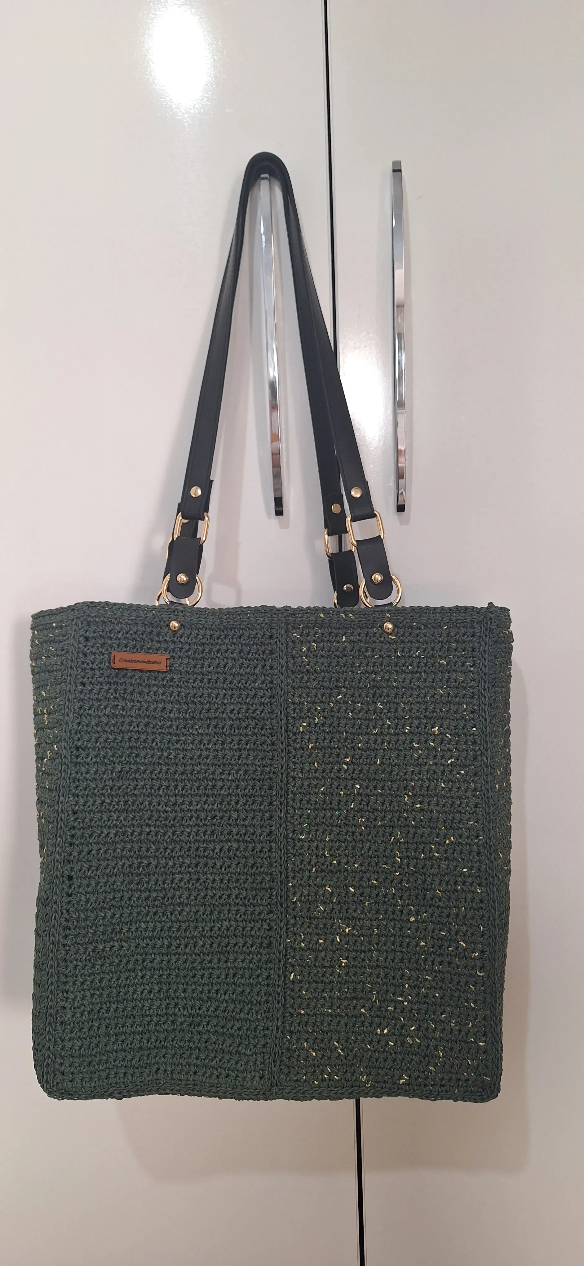 Örme Plaj Çantası - Büyük Boy, Yeşil Renk, Deri Saplı
