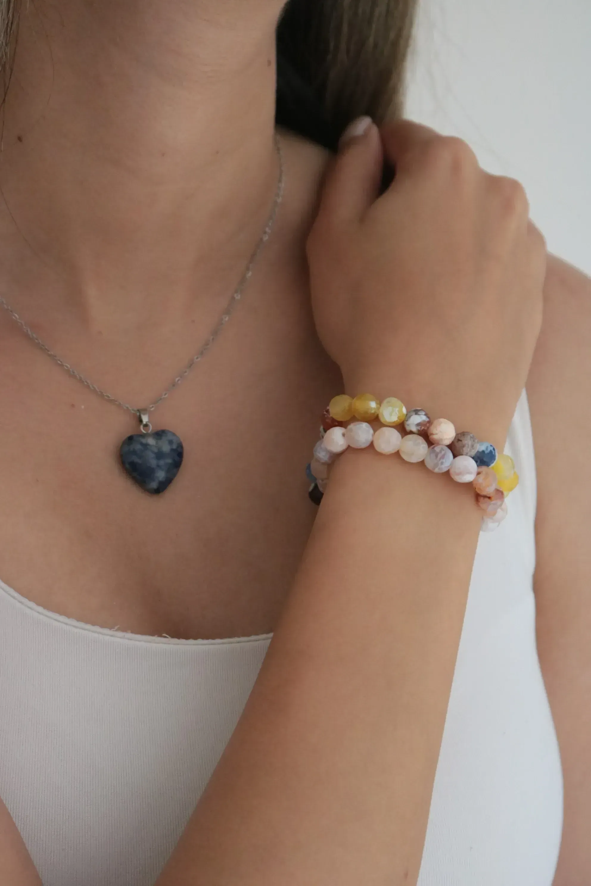 Mavi Kuvars Taşı Kolye ve Akik Taşı Bileklik Seti