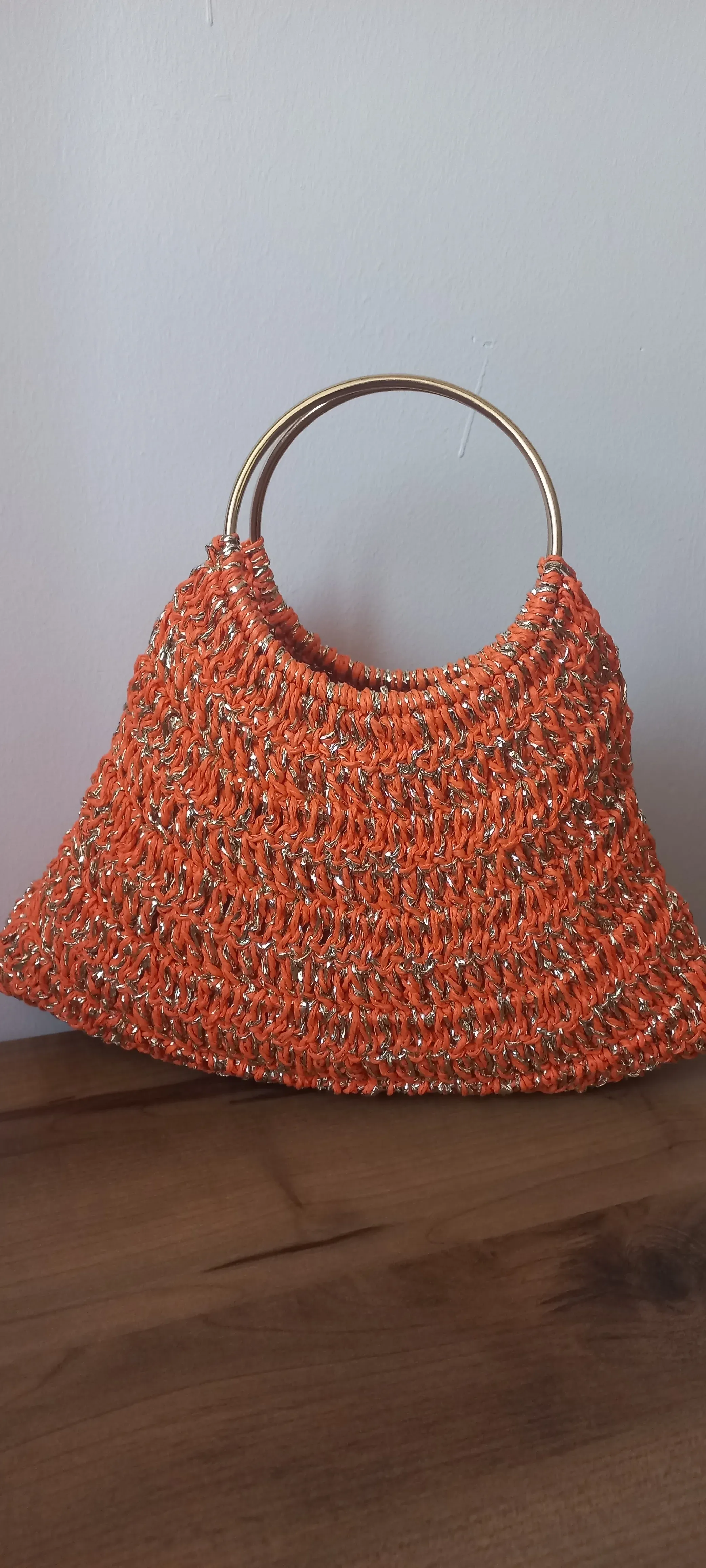 Orange Glitter Paper Yarn Knitted Circle Handle Handbag