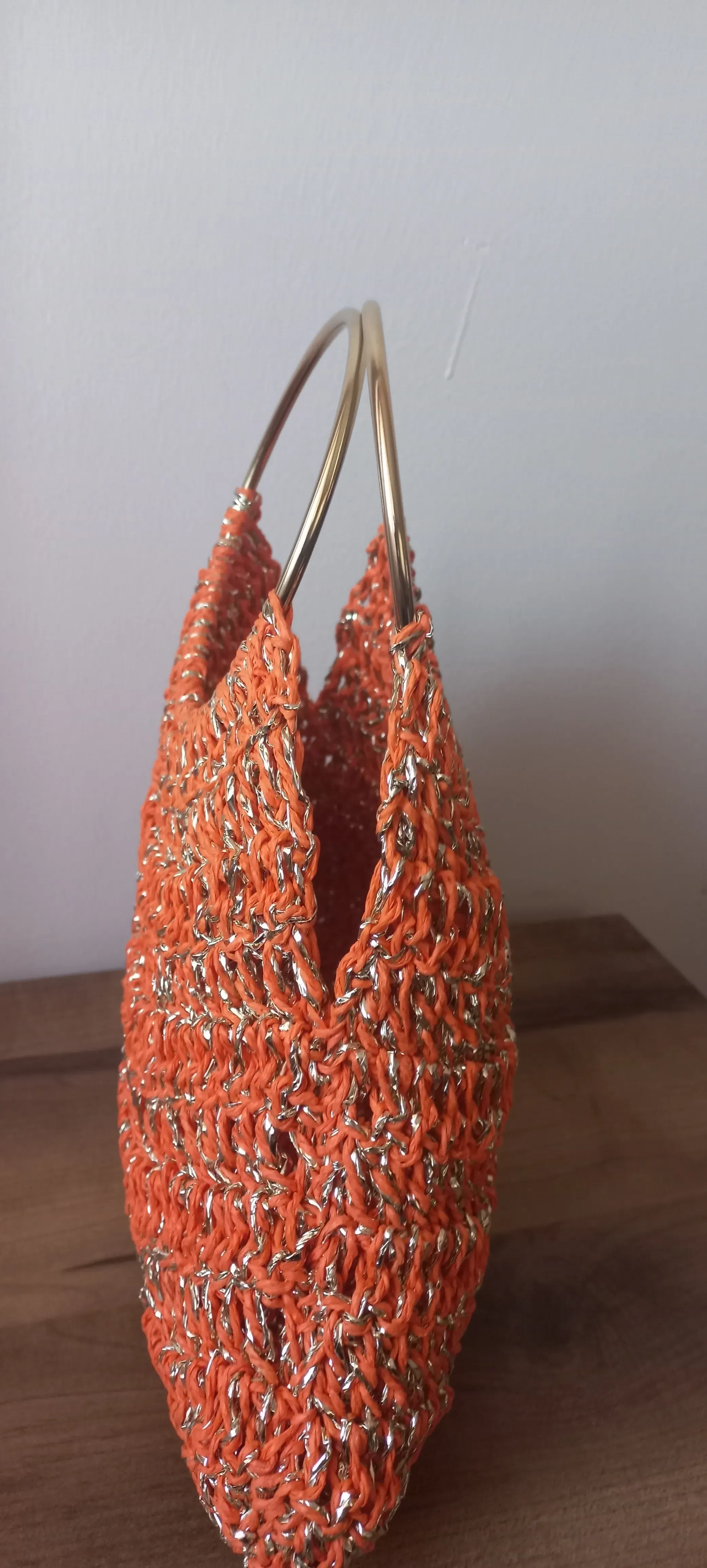 Orange Glitter Paper Yarn Knitted Circle Handle Handbag