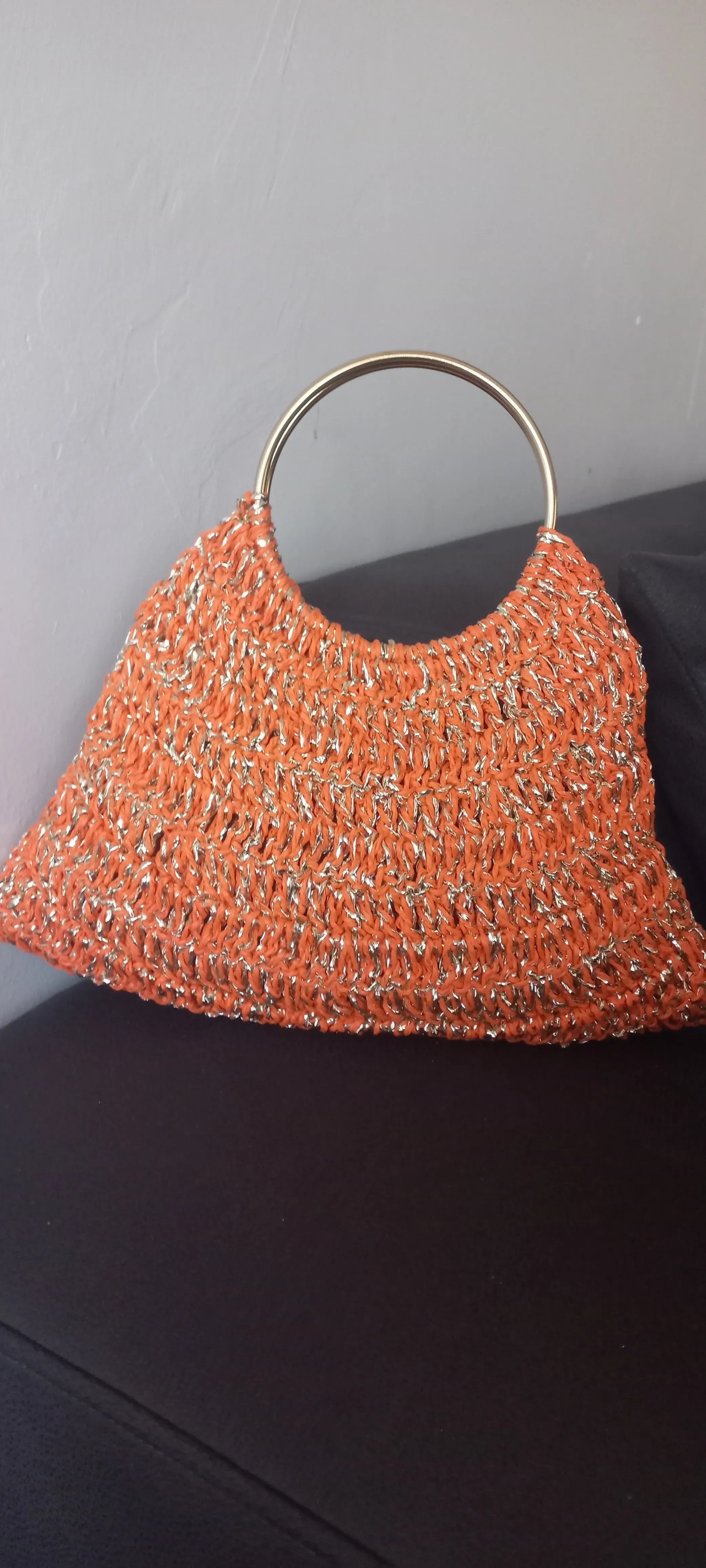 Orange Glitter Paper Yarn Knitted Circle Handle Handbag