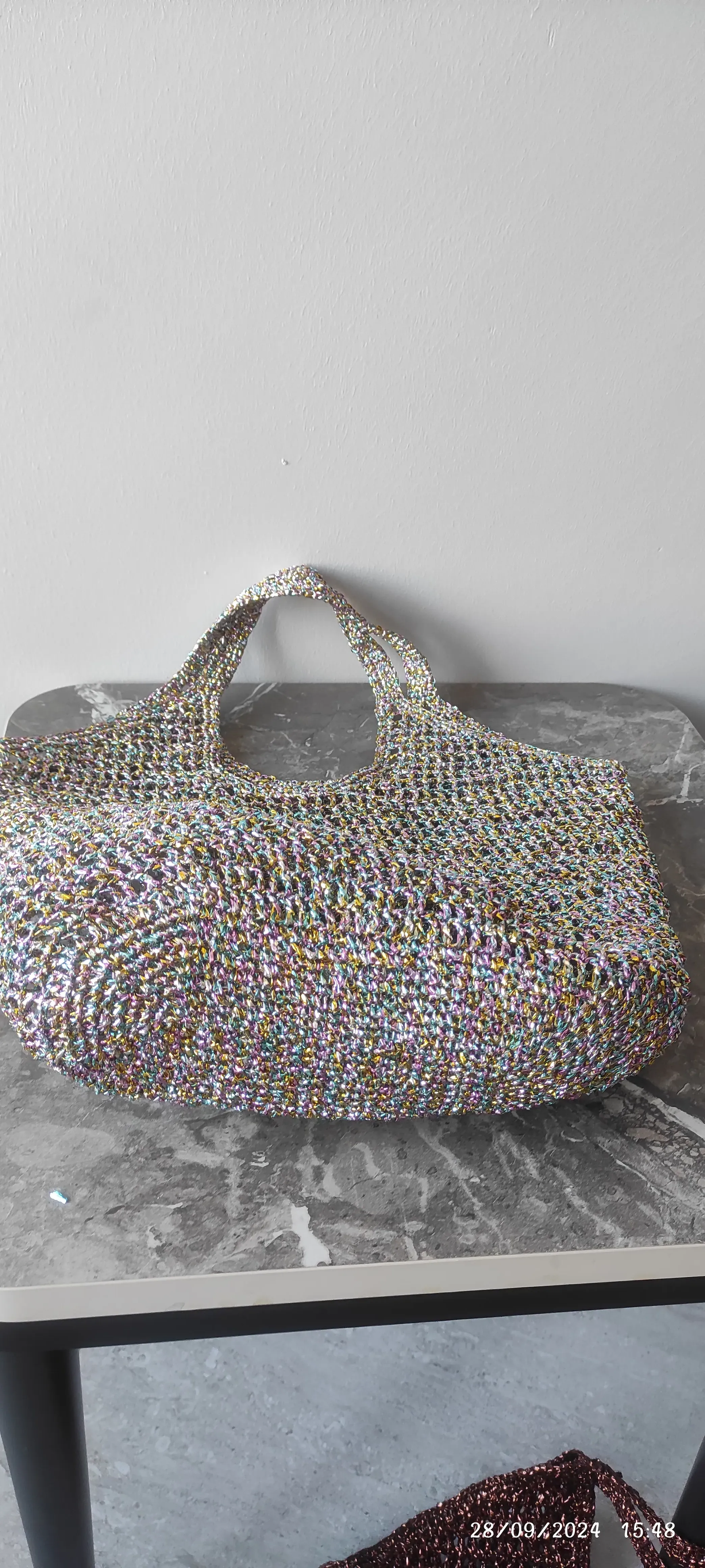 Silver Metallic Yarn Knitted Beach Bag - Large Capacity and Durable