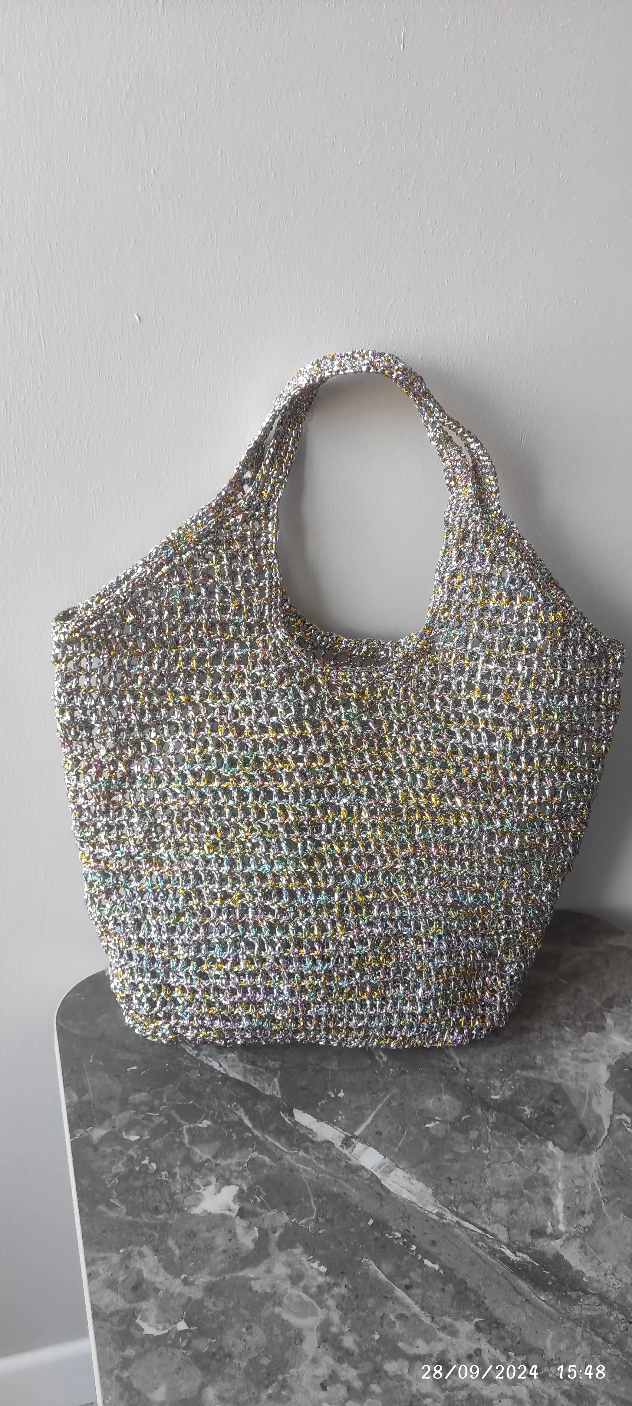 Silver Metallic Yarn Knitted Beach Bag - Large Capacity and Durable