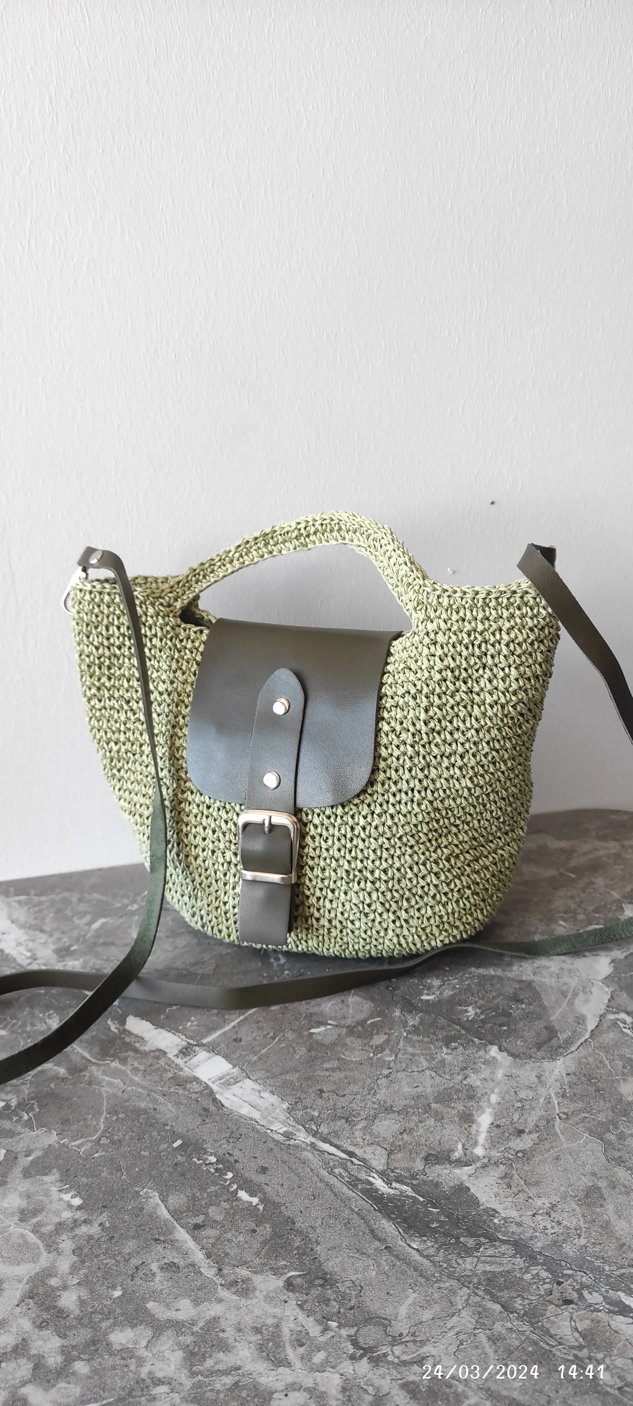Green Knitted Shoulder and Handbag - Leather Detail, Buckled Model