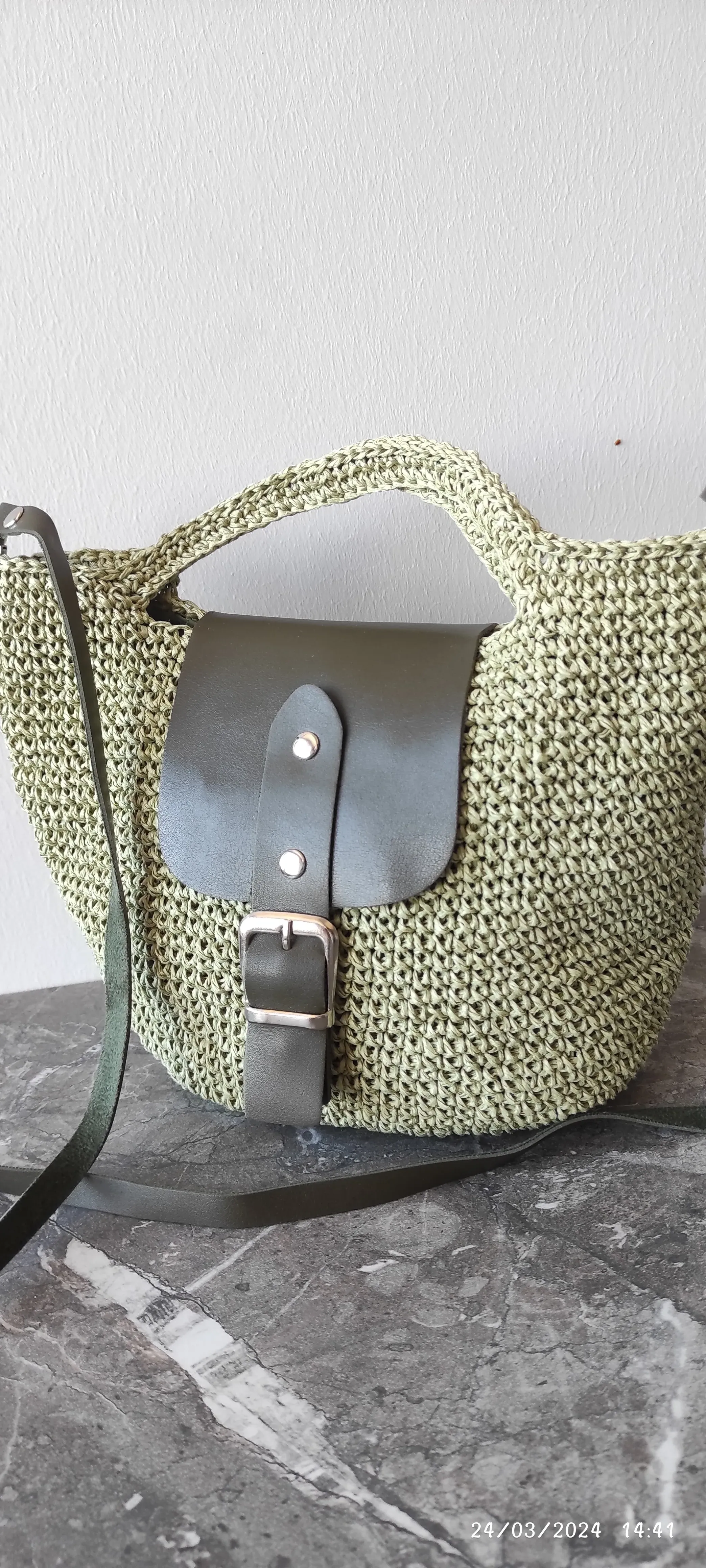 Green Knitted Shoulder and Handbag - Leather Detail, Buckled Model