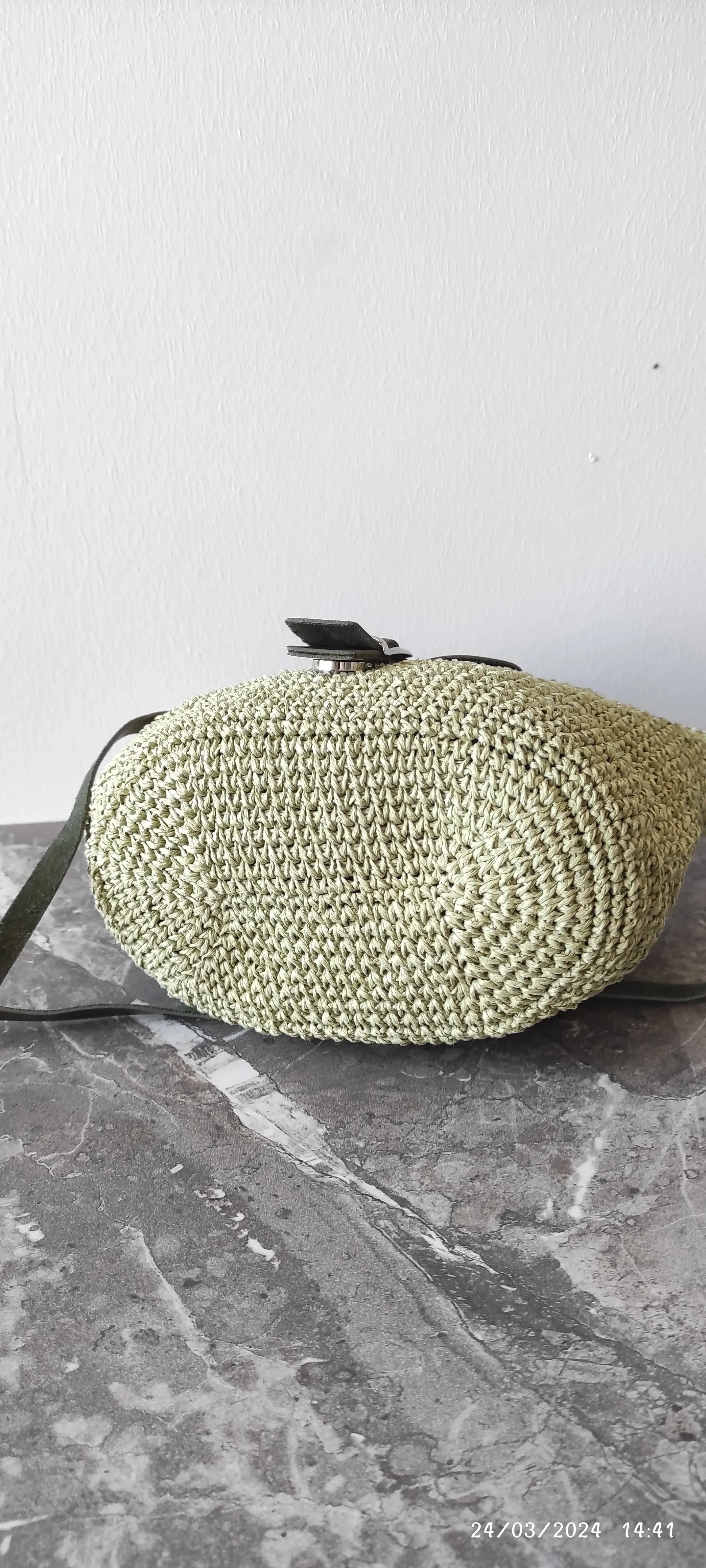 Green Knitted Shoulder and Handbag - Leather Detail, Buckled Model