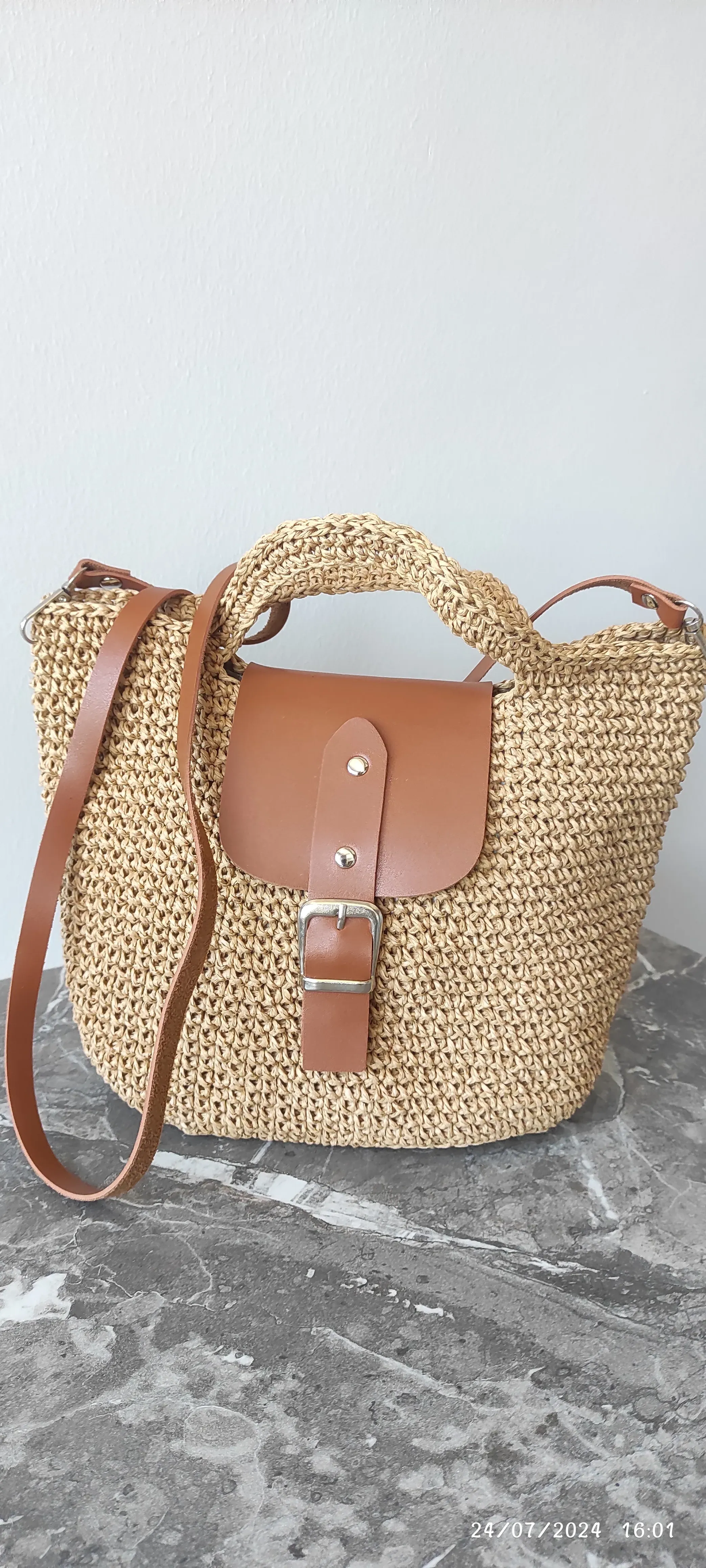 Kağıt İp Örgü Omuz Çantası - Kahverengi Deri Detaylı El Yapımı