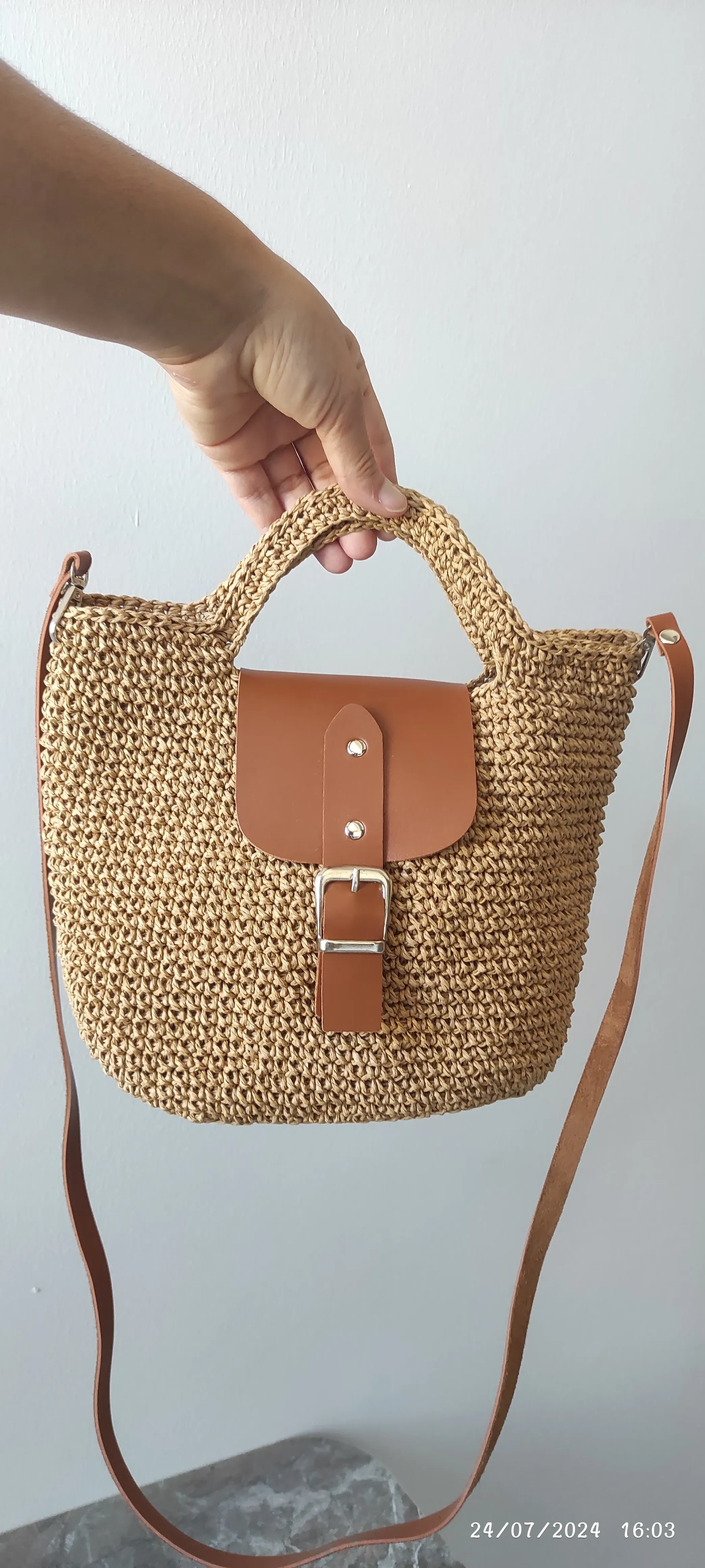 Paper Rope Knitted Shoulder Bag - Handmade with Brown Leather Details