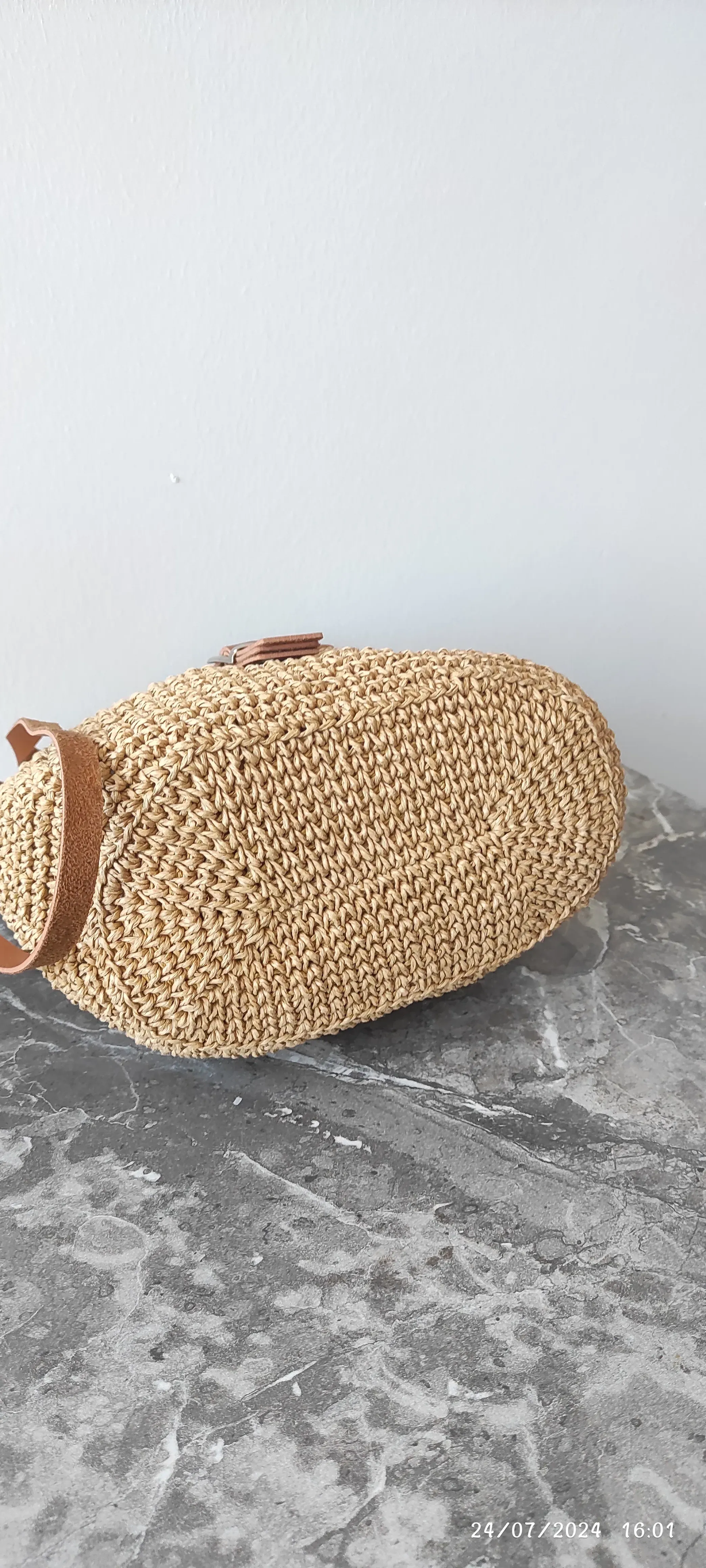 Paper Rope Knitted Shoulder Bag - Handmade with Brown Leather Details