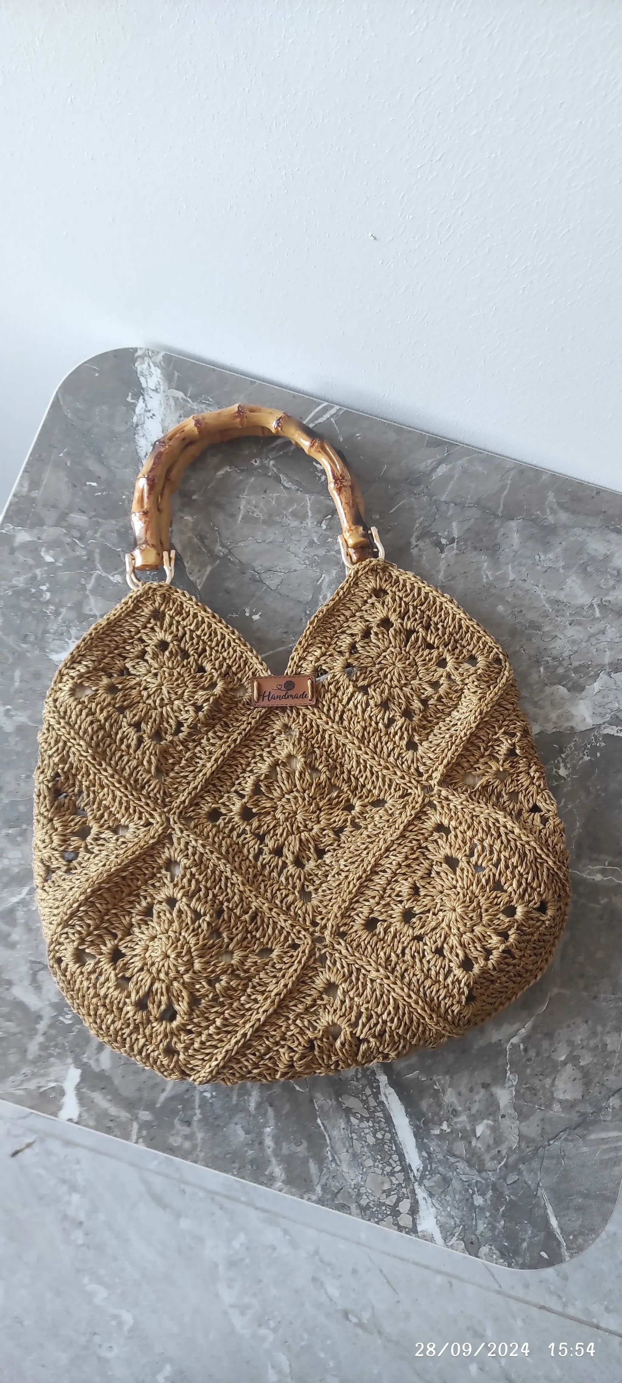 Bamboo Handle Paper Rope Knitted Motif Shoulder Bag - Handmade