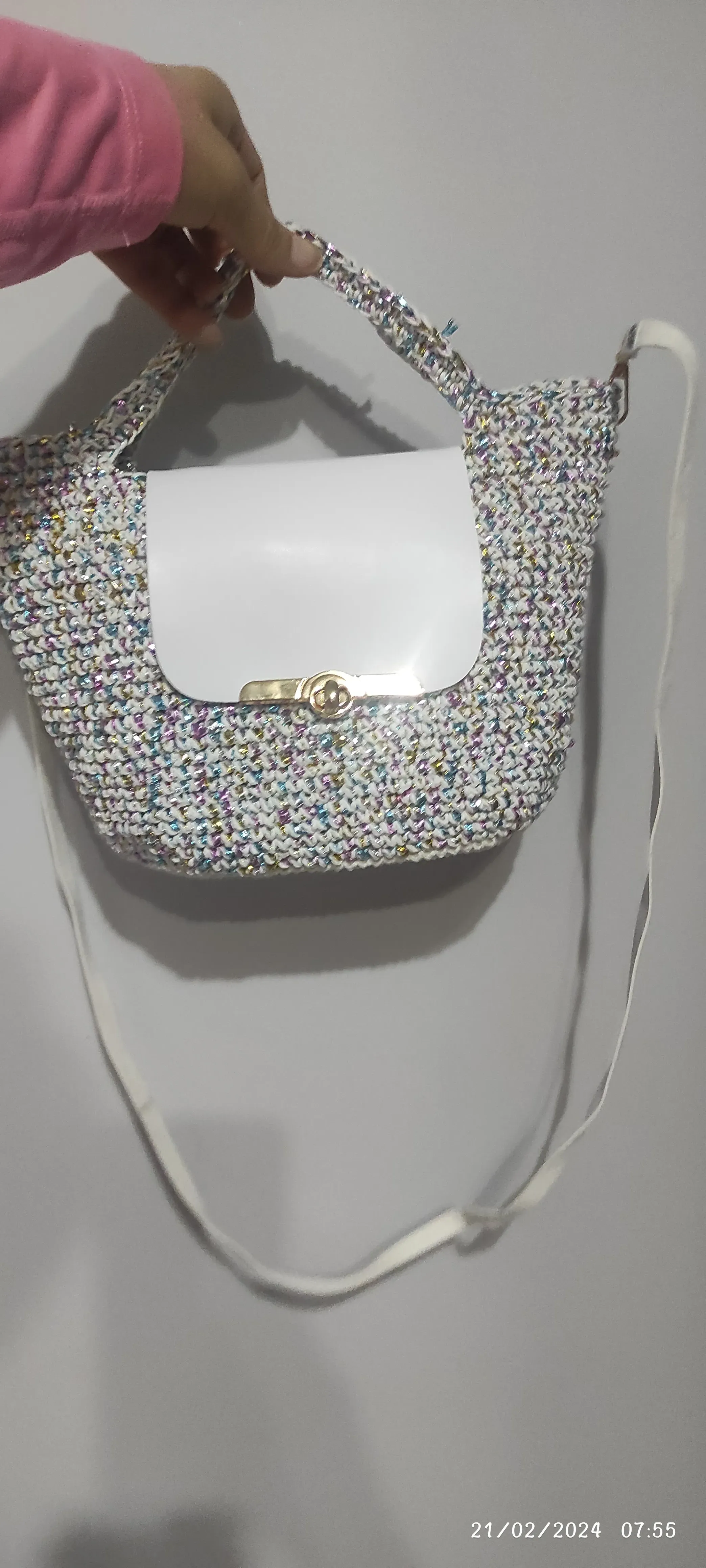 Metallic Yarn White Knitted Shoulder and Hand Bag - Lined and with Pocket