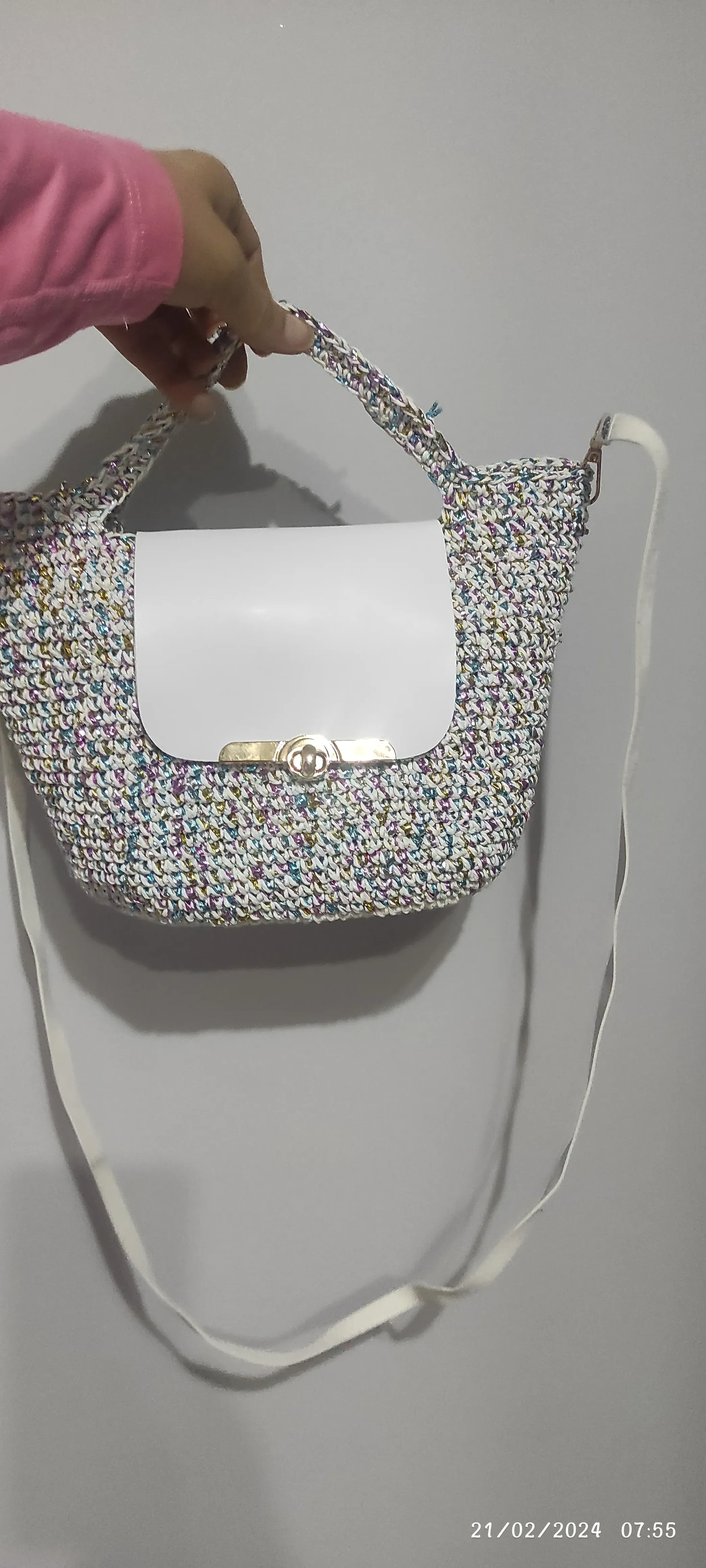 Metallic Yarn White Knitted Shoulder and Hand Bag - Lined and with Pocket