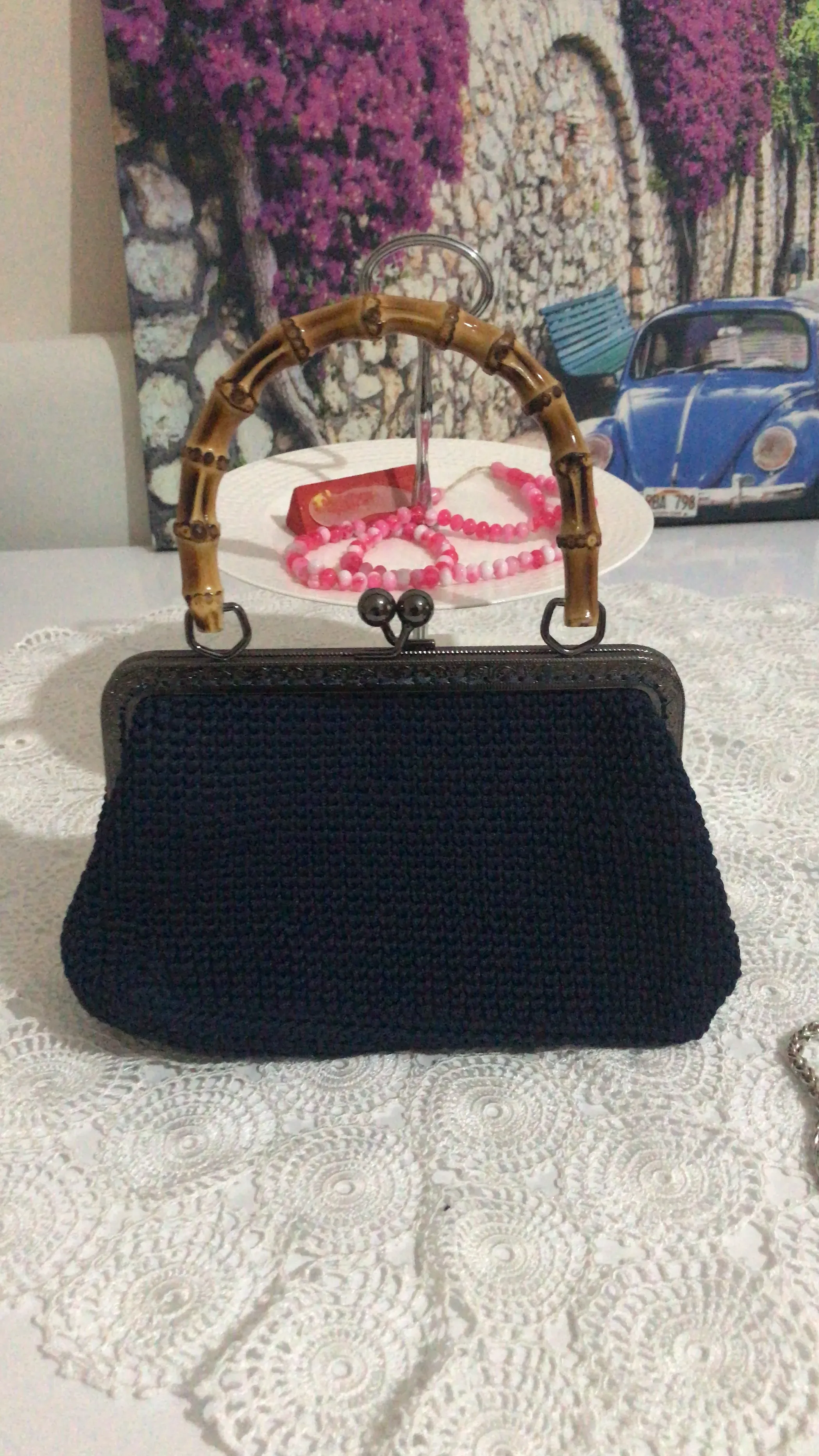 Siyah Makrome Örgü Omuz Çantası - Bambu Saplı ve Burslu Detaylı