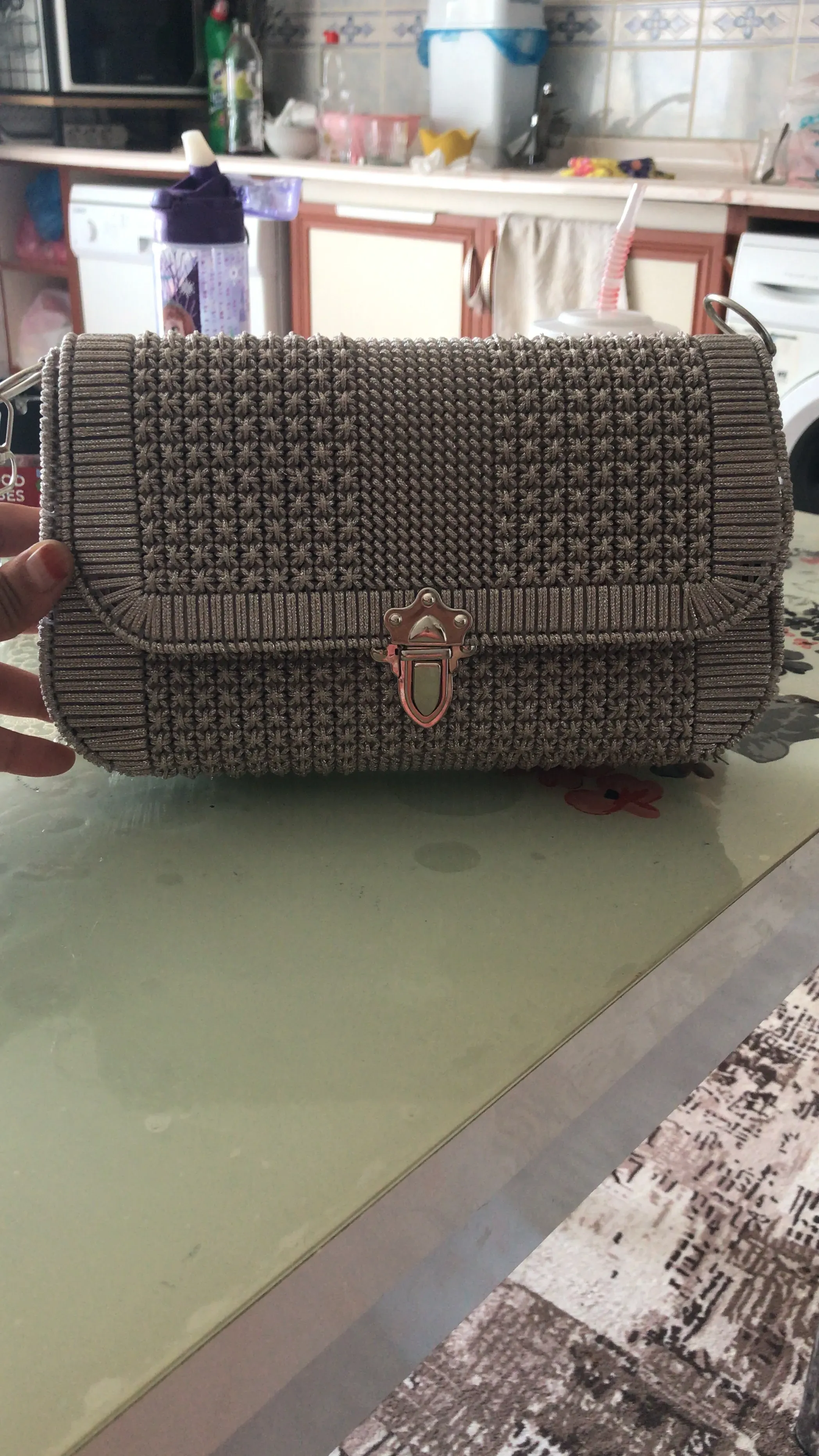 Gri Makrome Kanvas Omuz Çantası - El Yapımı Şık Tasarım