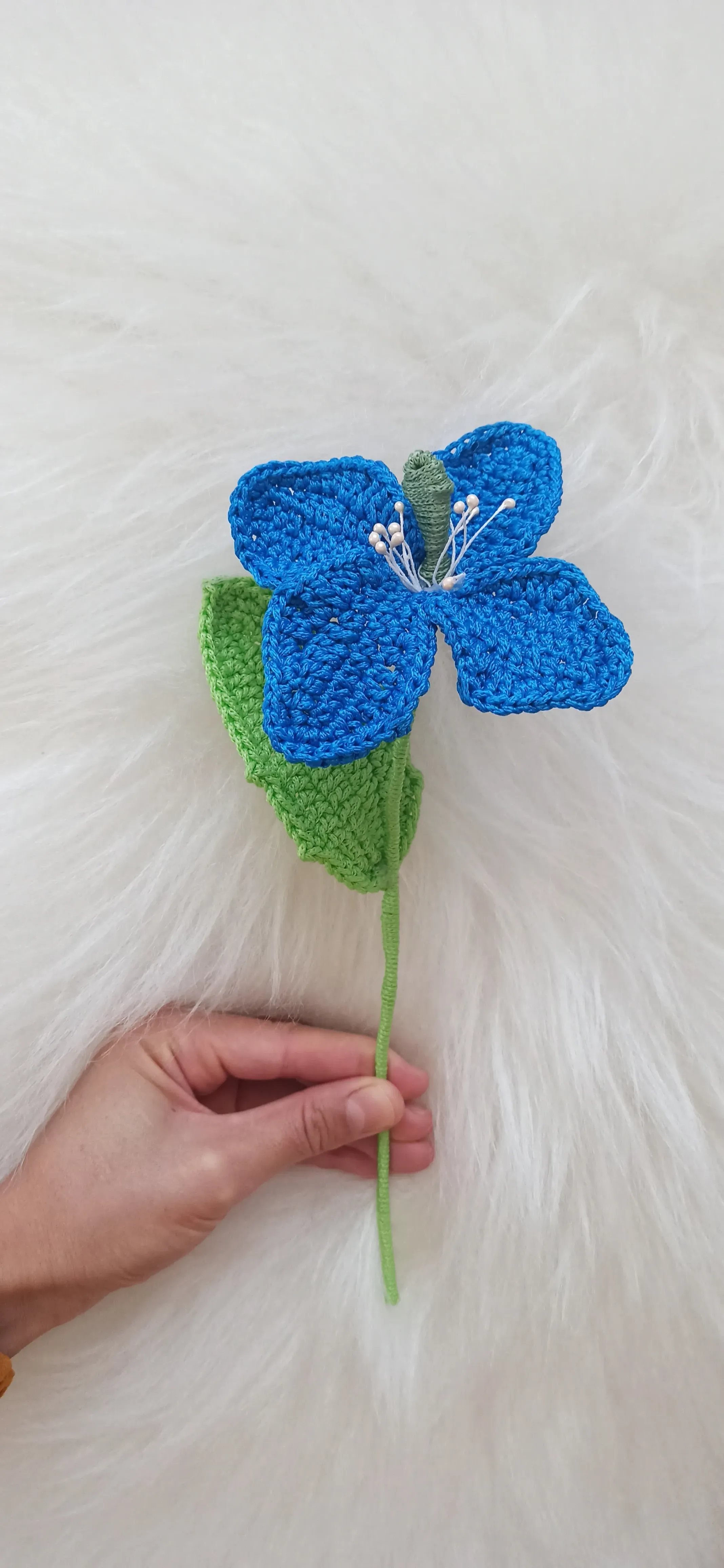 El Yapımı Tığ İşi Himalaya Çiçeği (Mavi) | Tek Dal Örgü Çiçek Dekorasyon