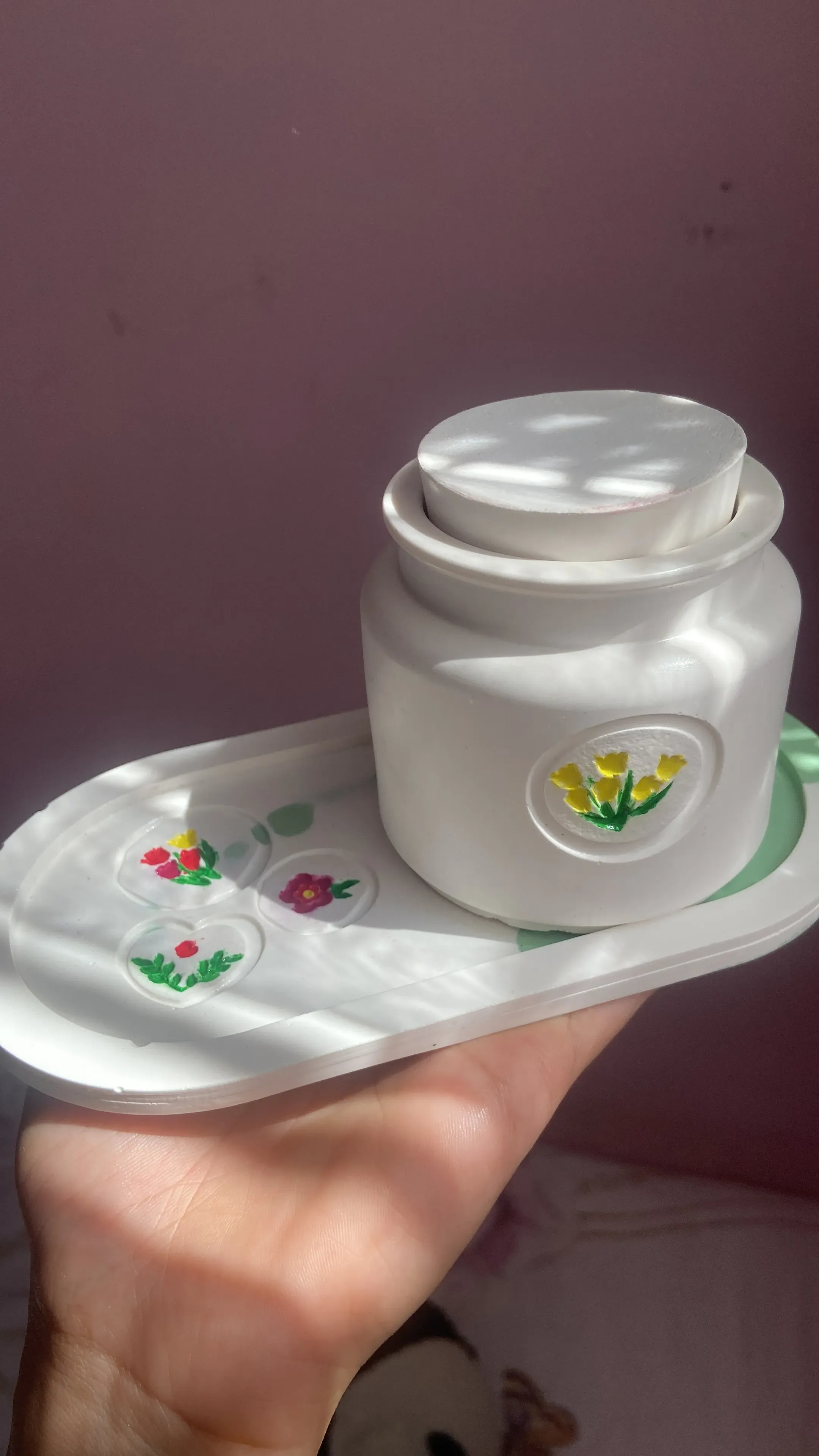White Ceramic Floral Pattern Decorative Candle and Storage Container - Handmade