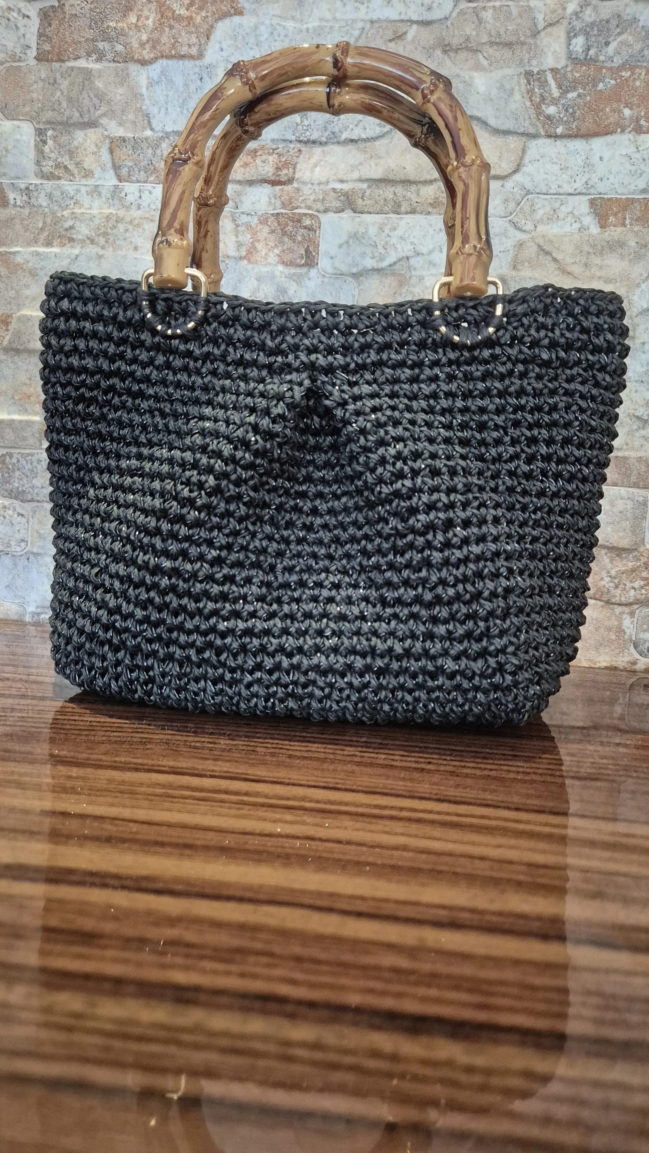 Black Knitted Shoulder Bag - Stylish Design with Bamboo Handle Handmade