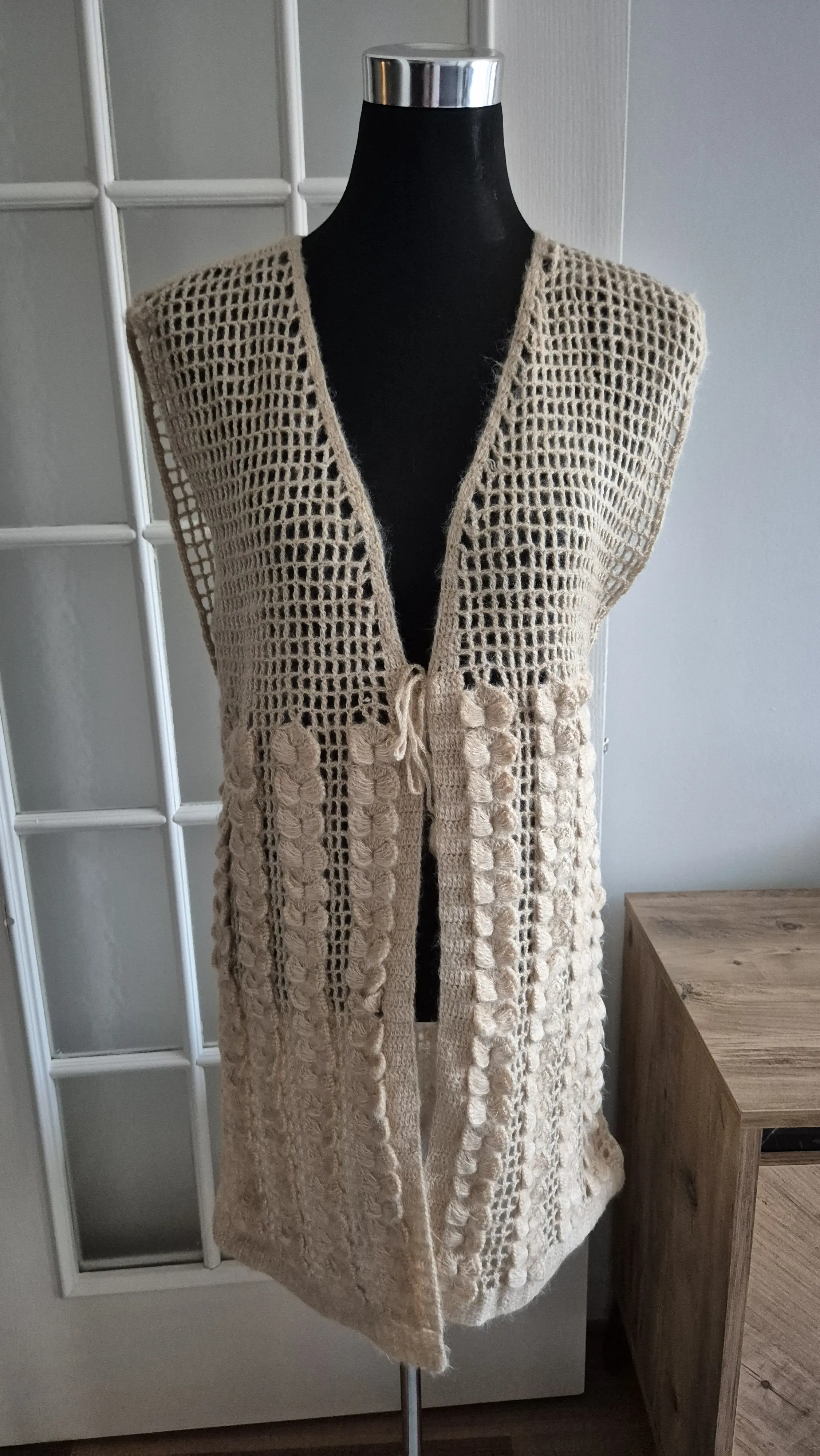 Honey Foam Colored Butterfly Patterned Long Knitted Vest - Handmade