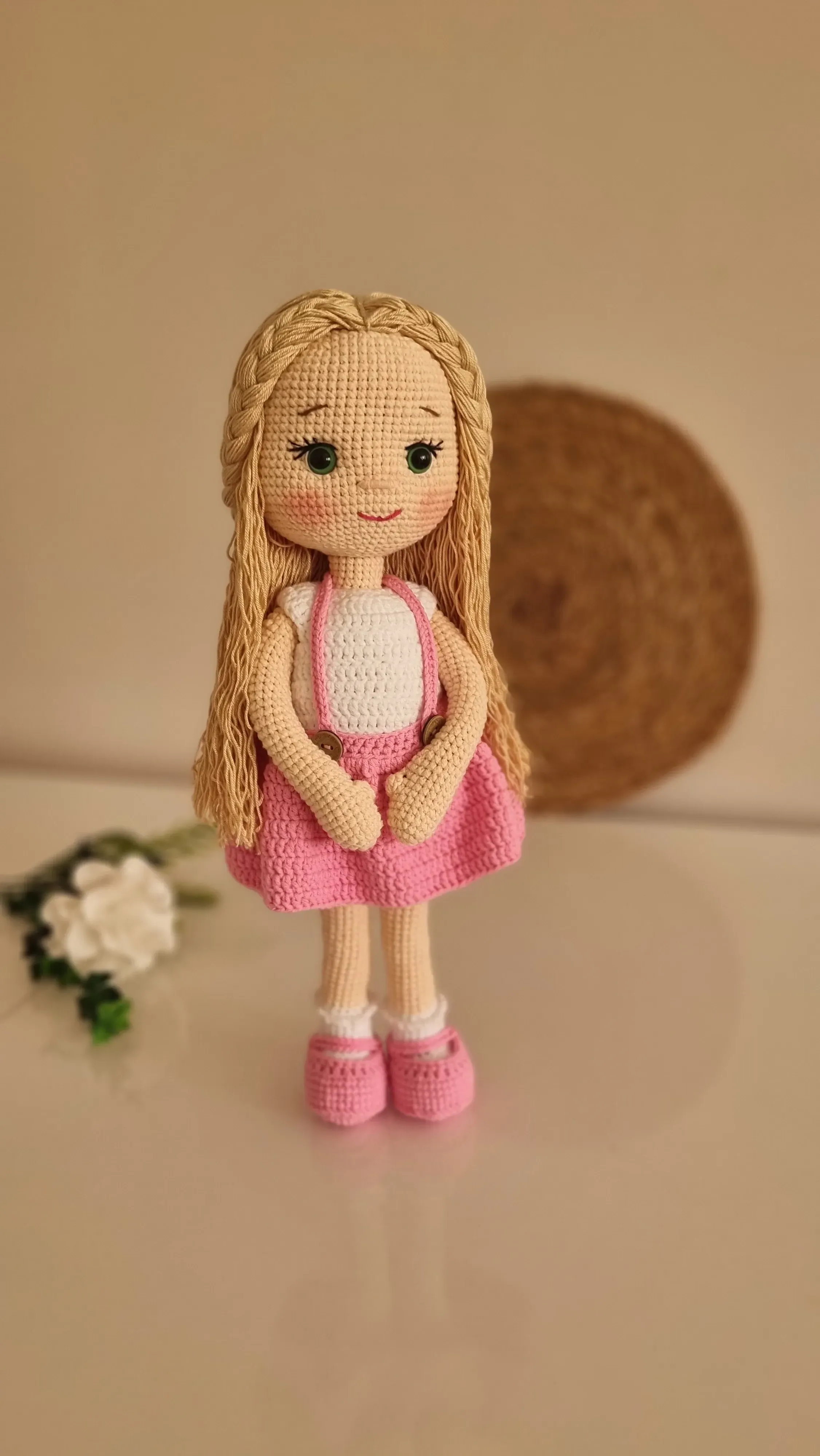 Knitted Baby Toy - Cute Girl Doll with Pink Dress and Yellow Hair