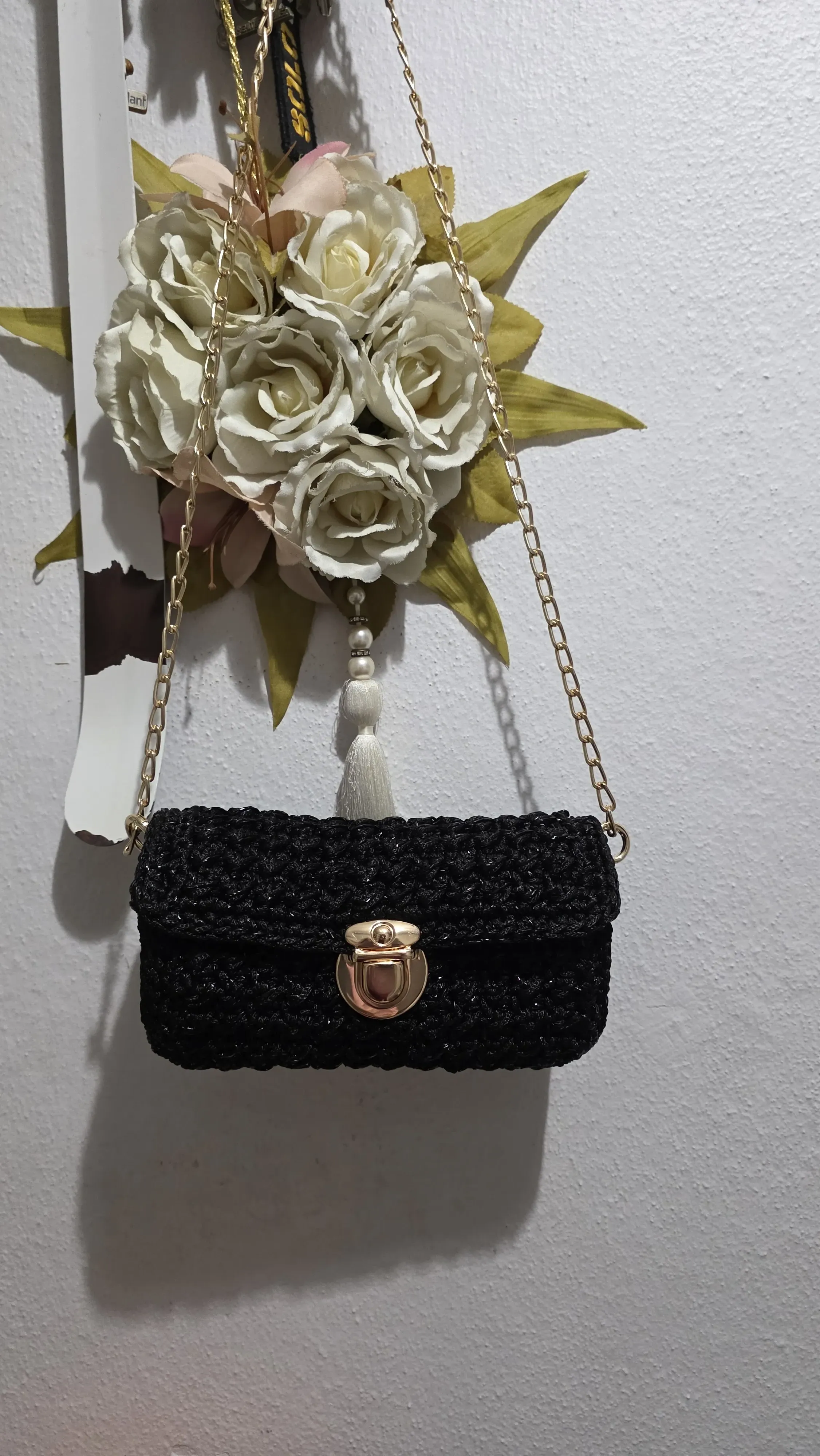 Black Knitted Patterned Polyester Chain Strap Small Bag