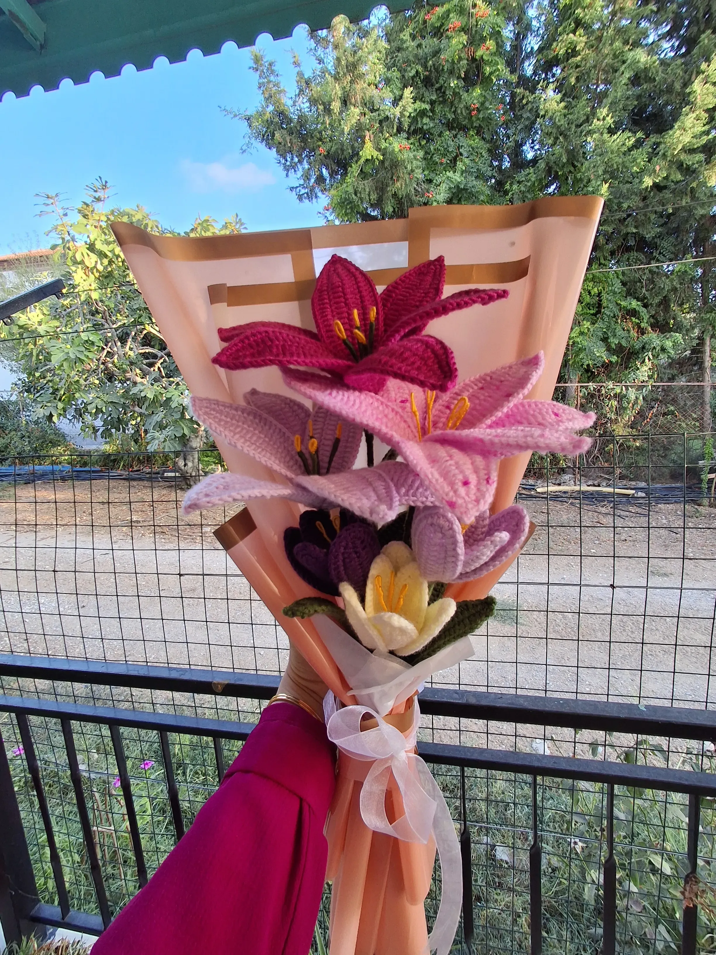 Knitted Lily and Tulip Flower Bouquet - Decorative Gift in Pink Tones