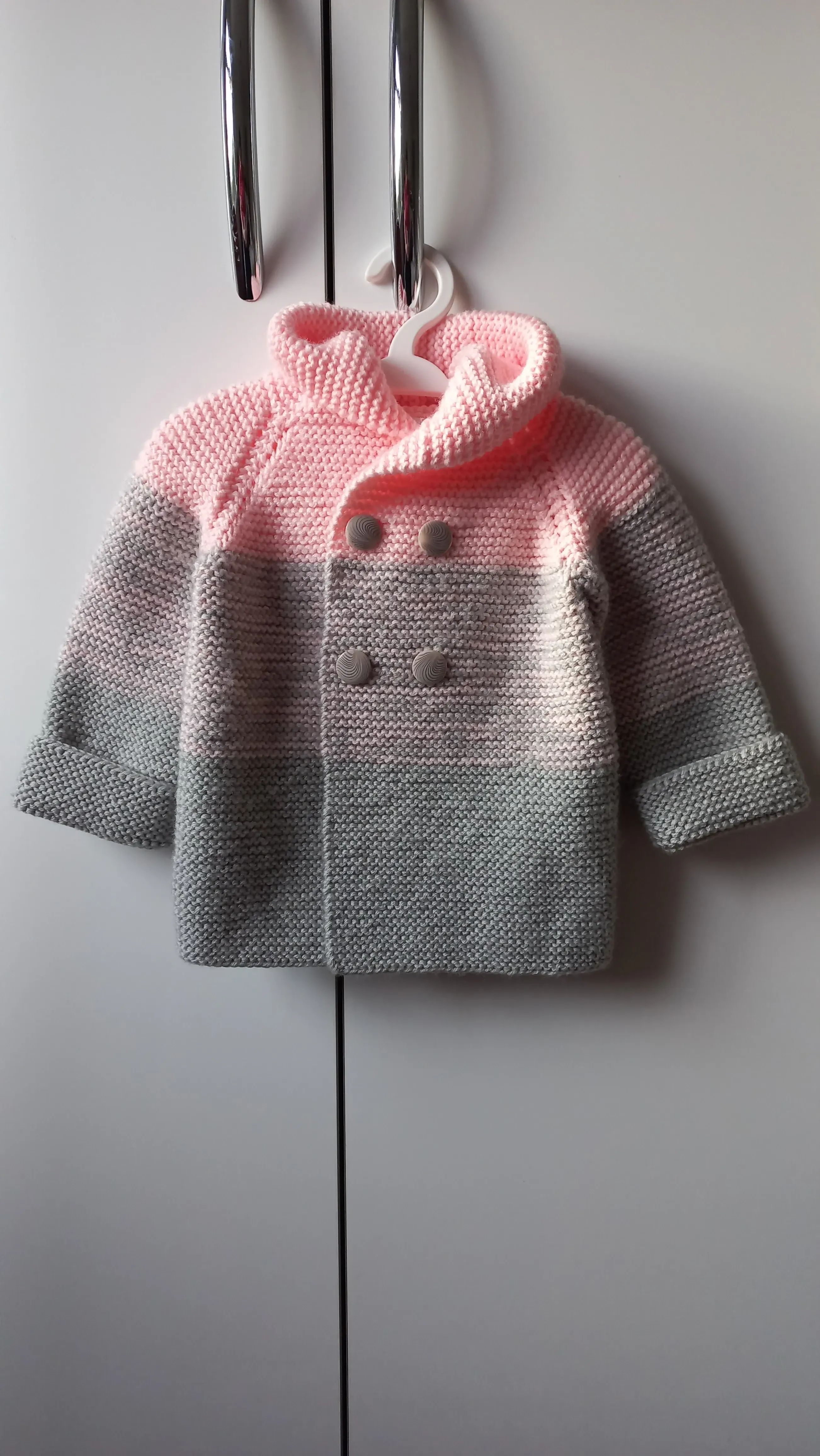 Pink Gray Knitted Baby Cardigan - Buttoned, Soft Textured