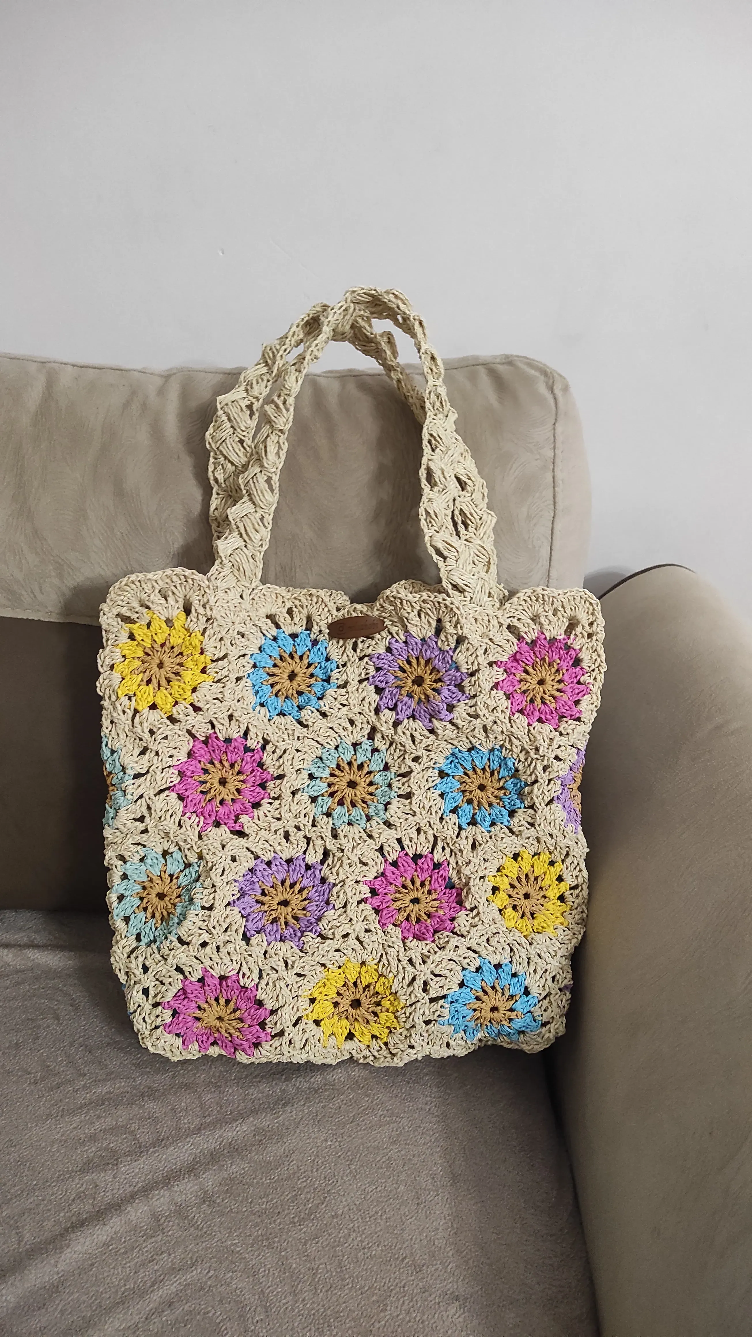 Colorful Floral Pattern Knitted Straw Bag - Lined and Snap Fastened