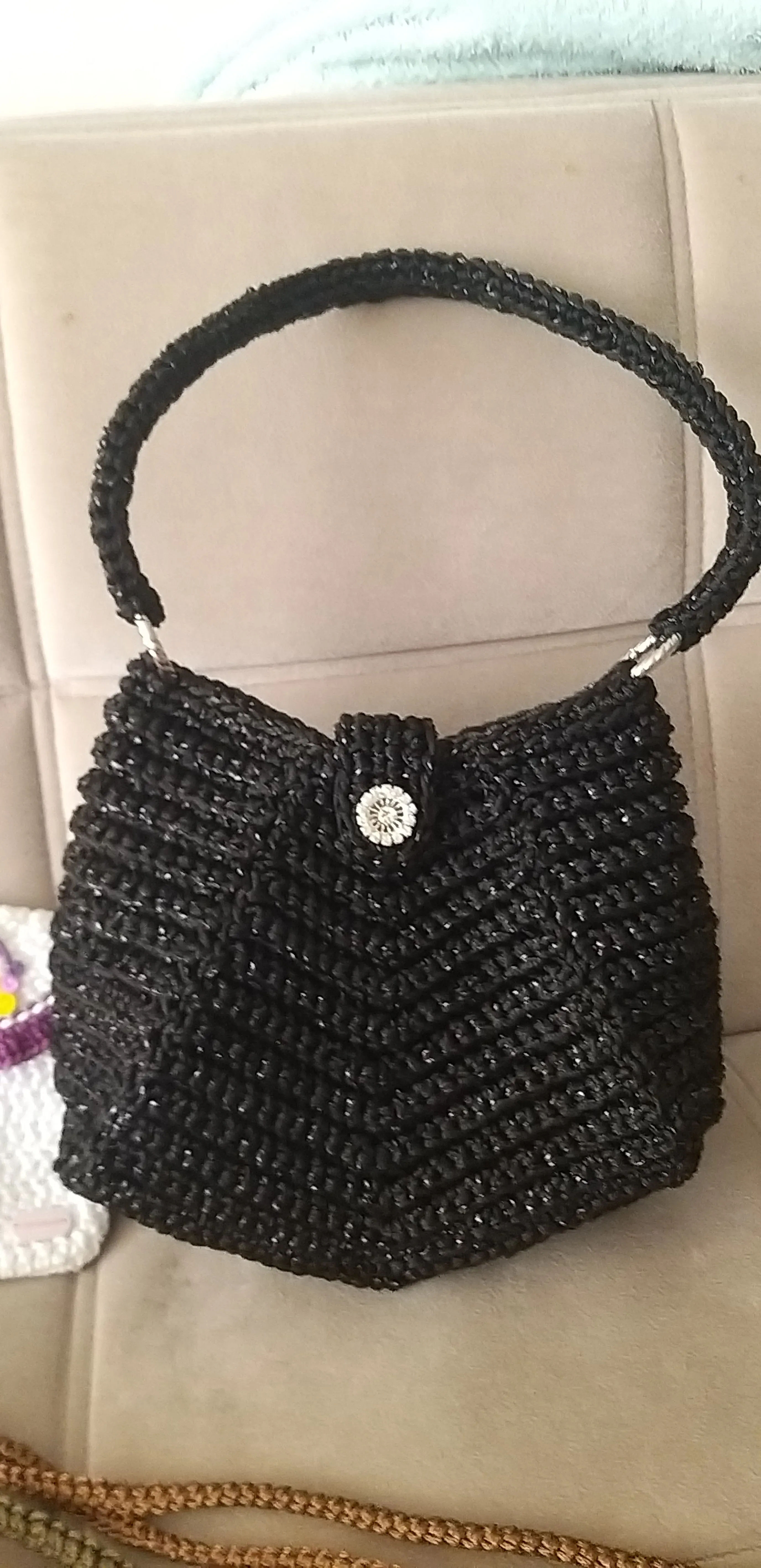 Black Metallic Yarn Knitted Shoulder Bag - Hand Knitted Custom Design