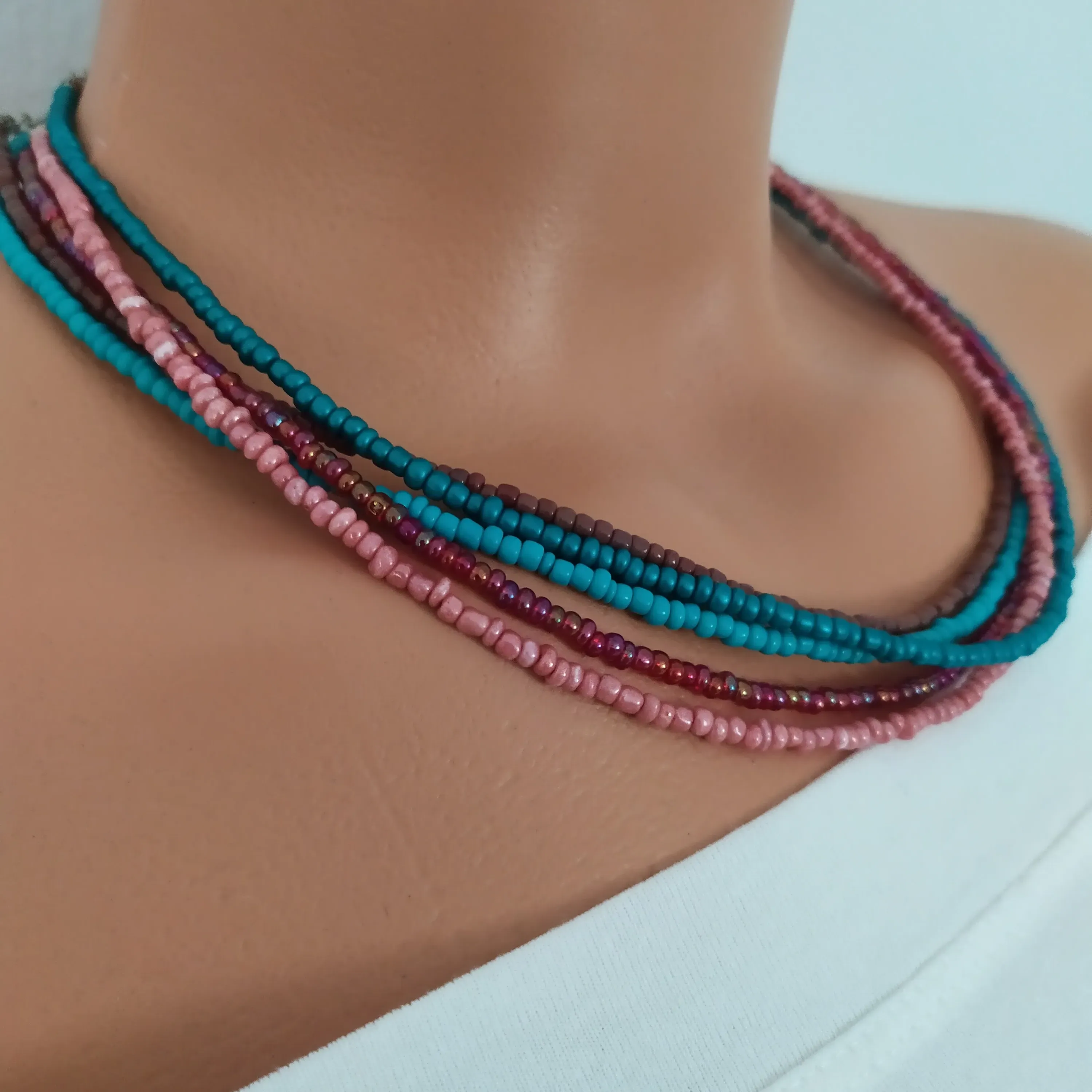 Çoklu Boncuklu Kolyeler - Toprak, Su ve Pembe Tonlarında