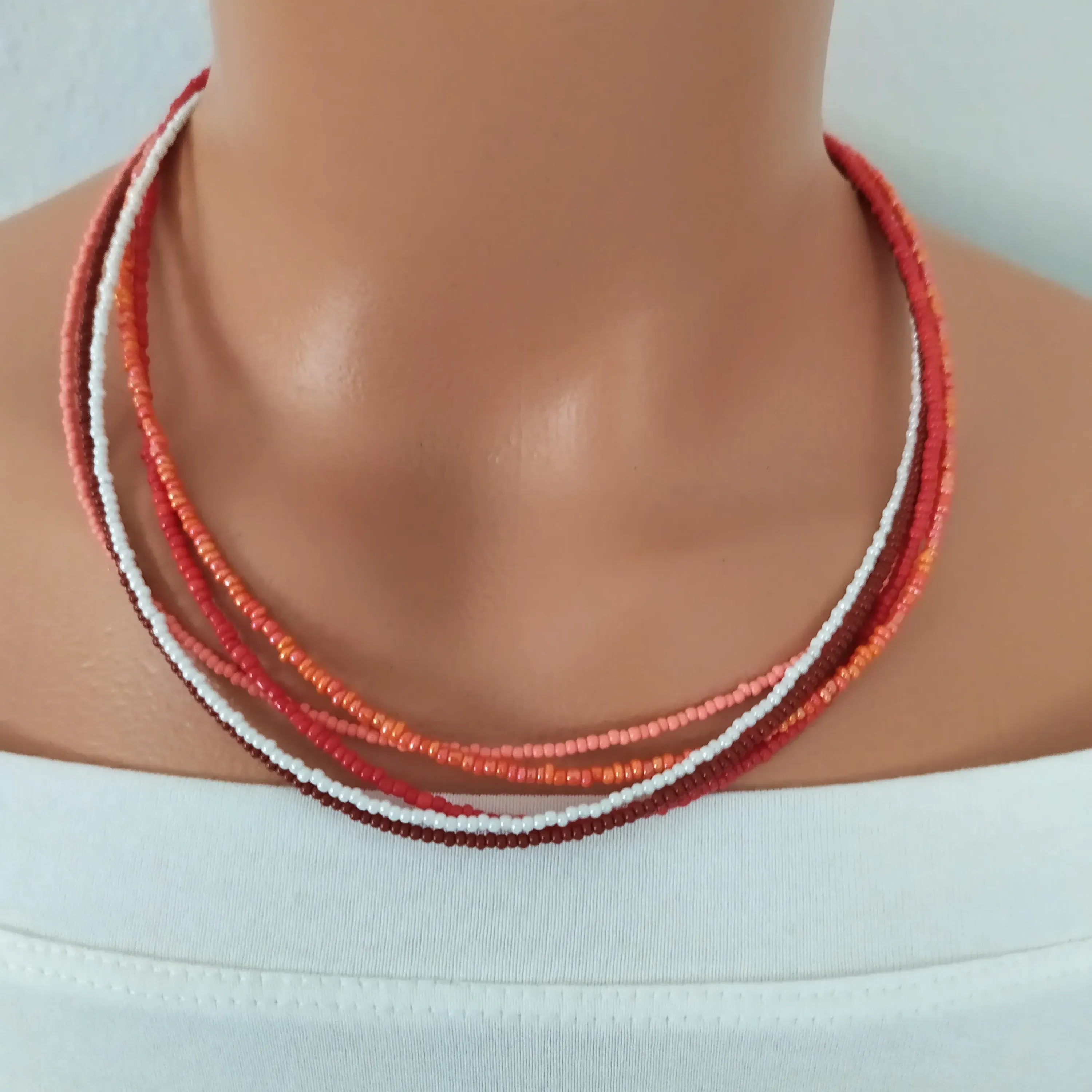 Çoklu Sıralı Boncuk Kolye - Günbatımı Renklerinde Tasarım