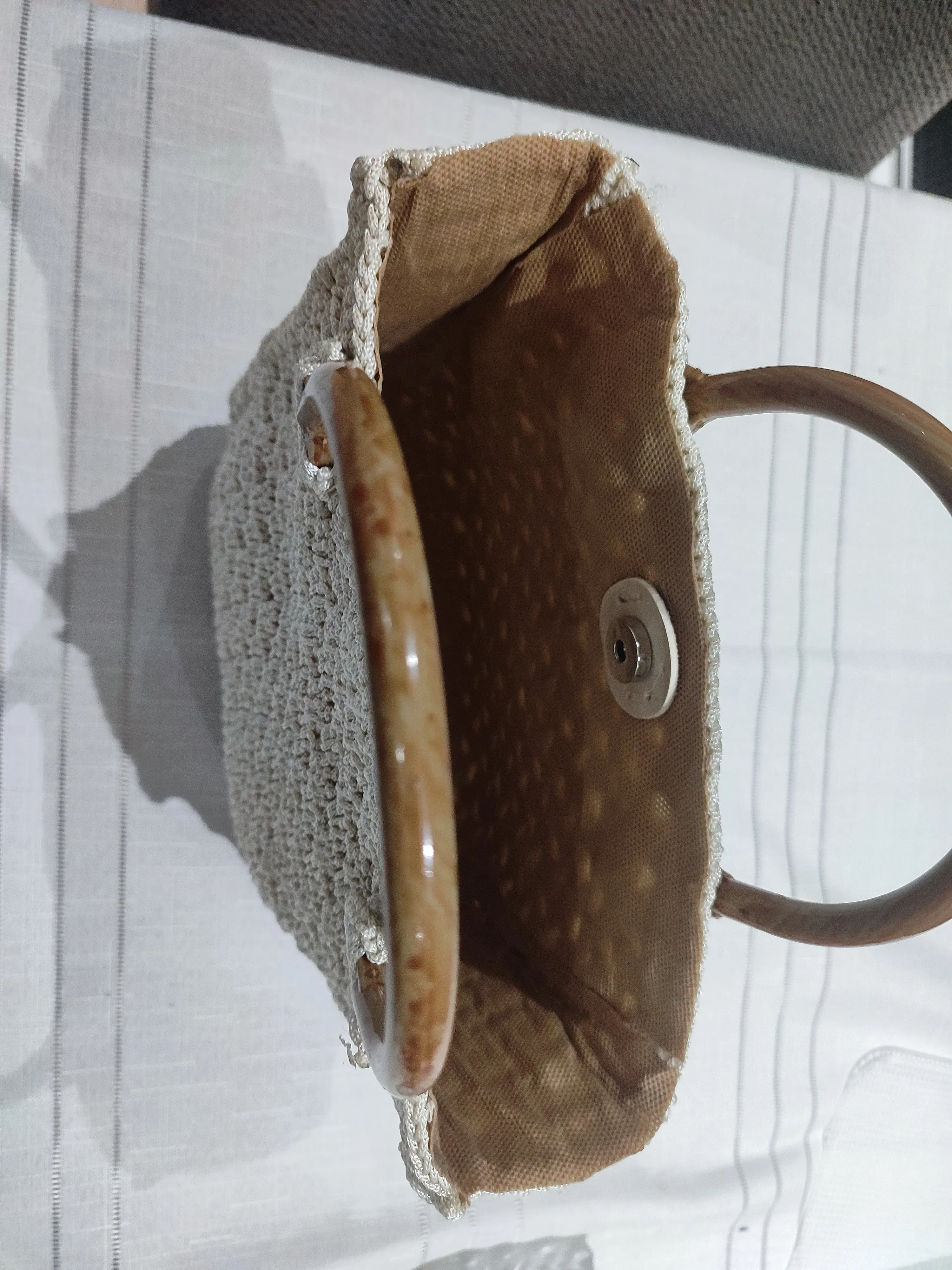 Handmade Cream Colored Knitted Bag (Wooden Handled)