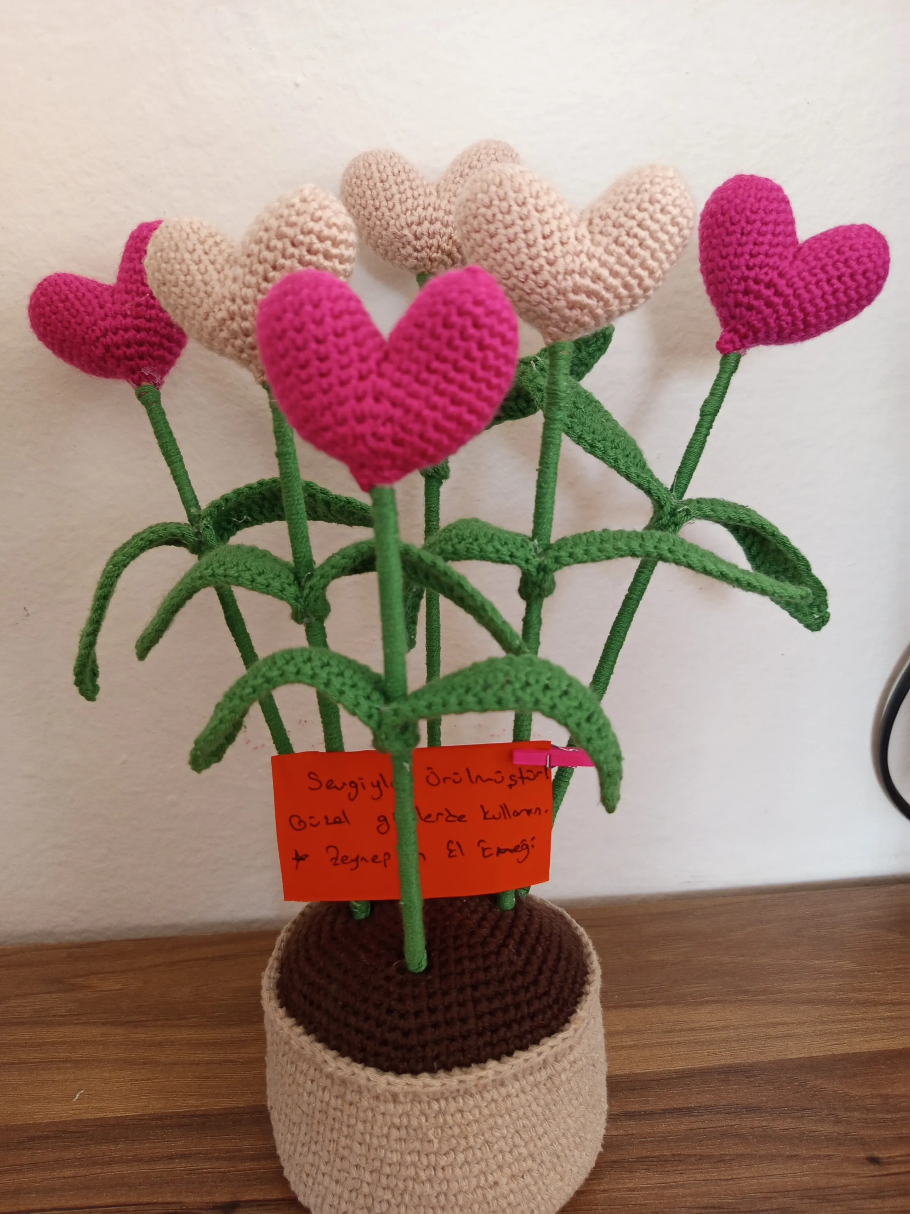 Knitted Heart Flower in Pot