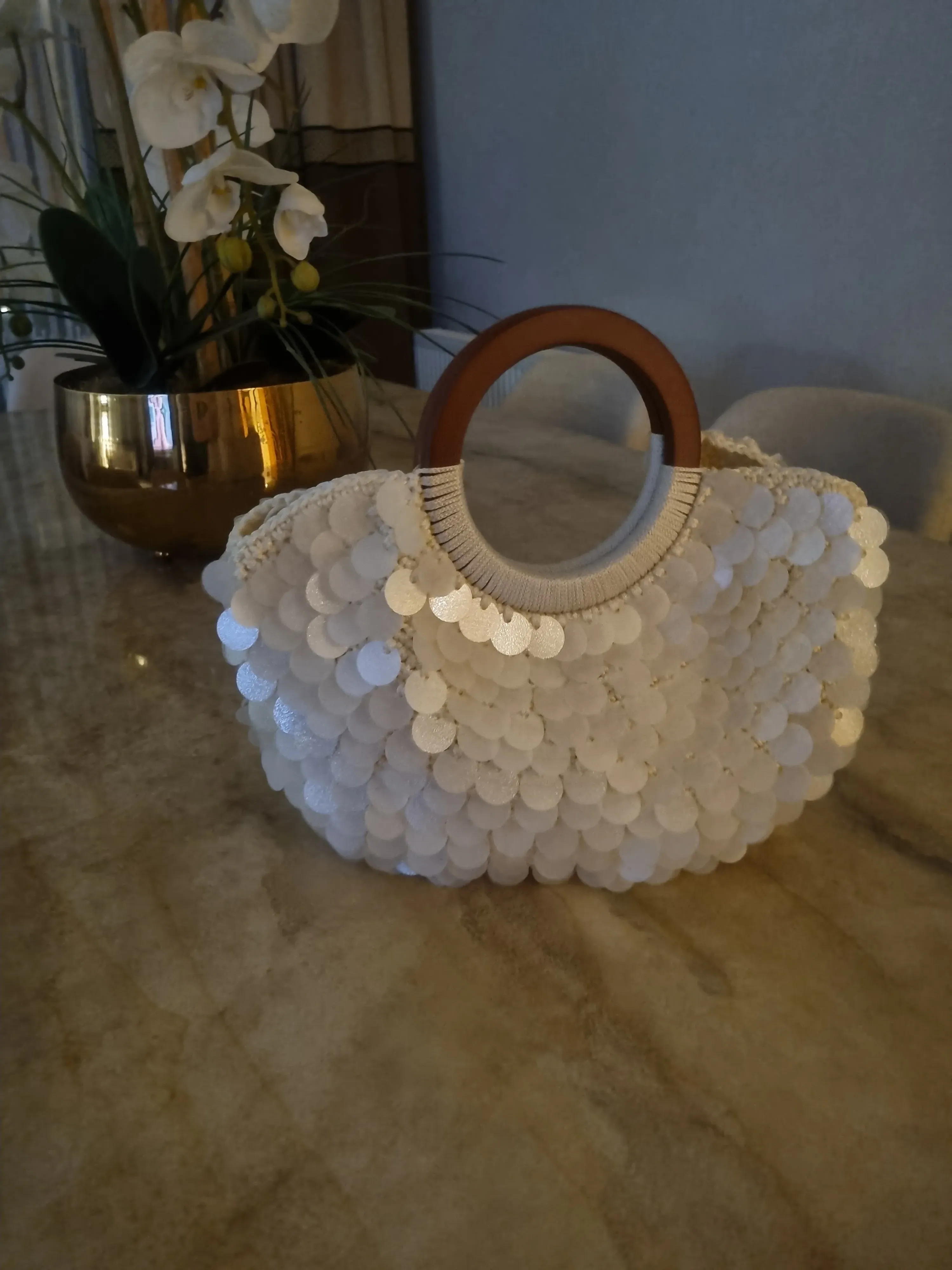 Handmade Mother of Pearl Look Sequined Bag - Elegant Design with Wooden Handle
