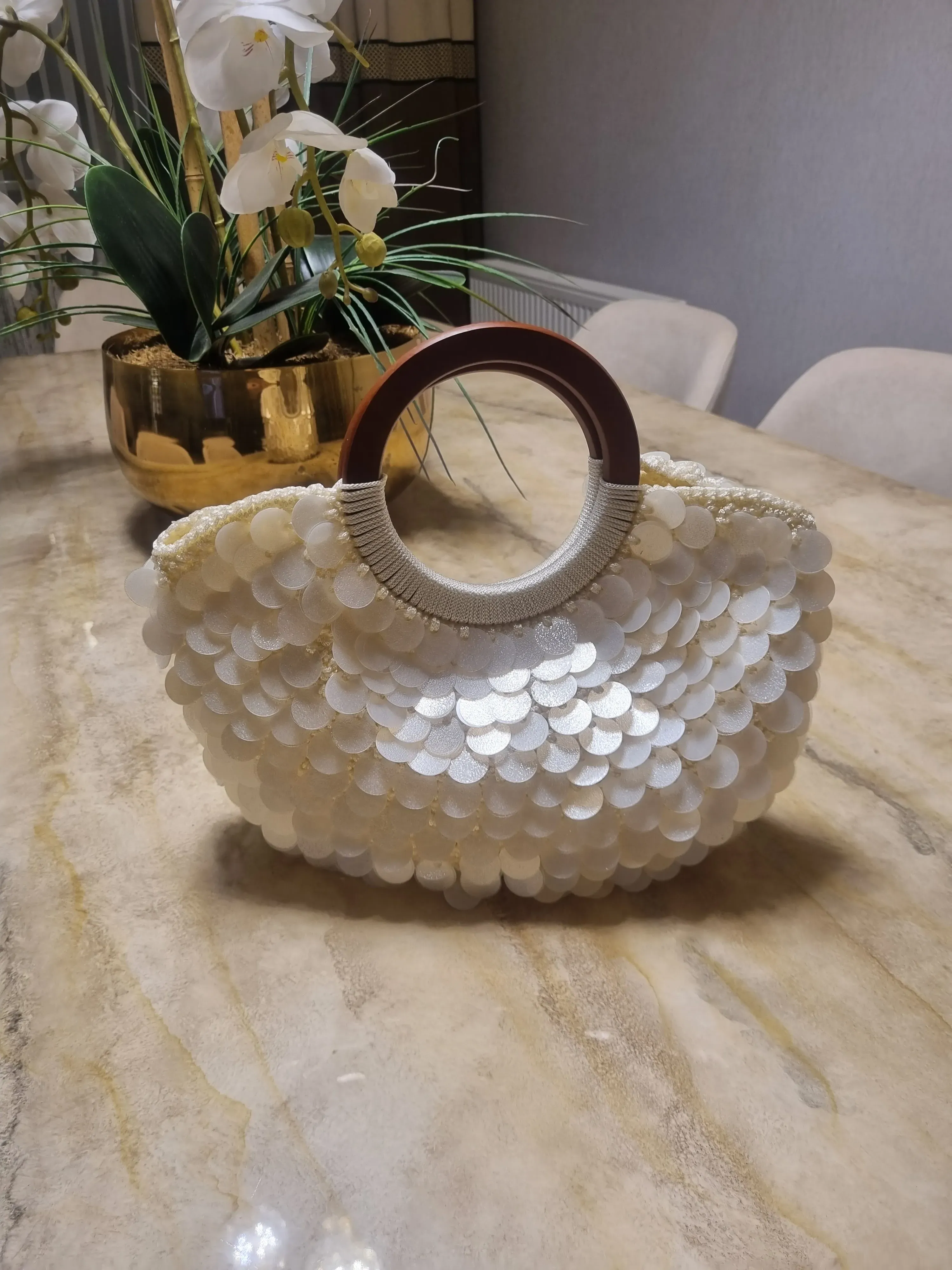 Handmade Mother of Pearl Look Sequined Bag - Elegant Design with Wooden Handle