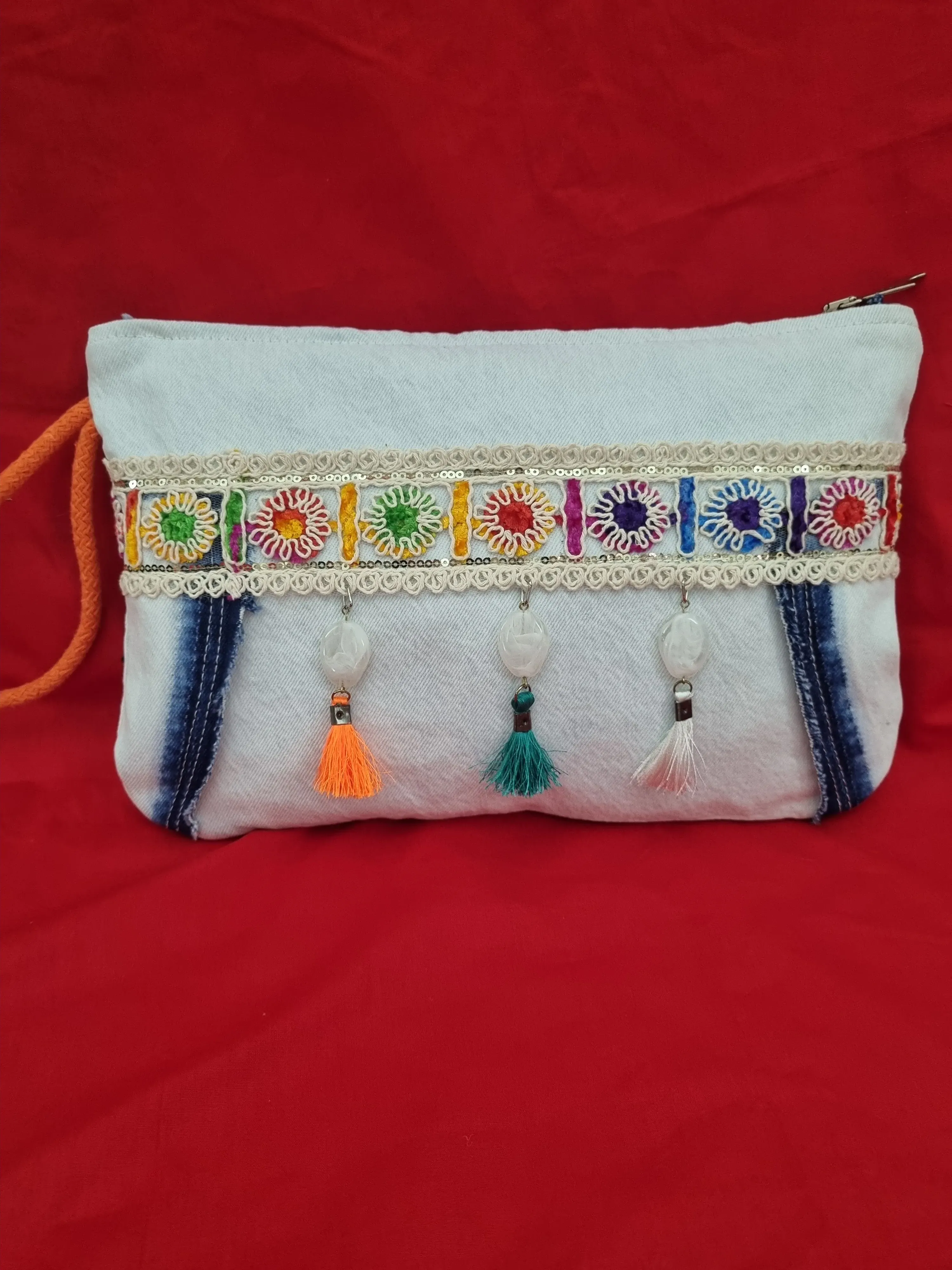 Handmade Denim Portfolio Bag - Colorful Embroidery Detailed and Tassel Elegant Clutch