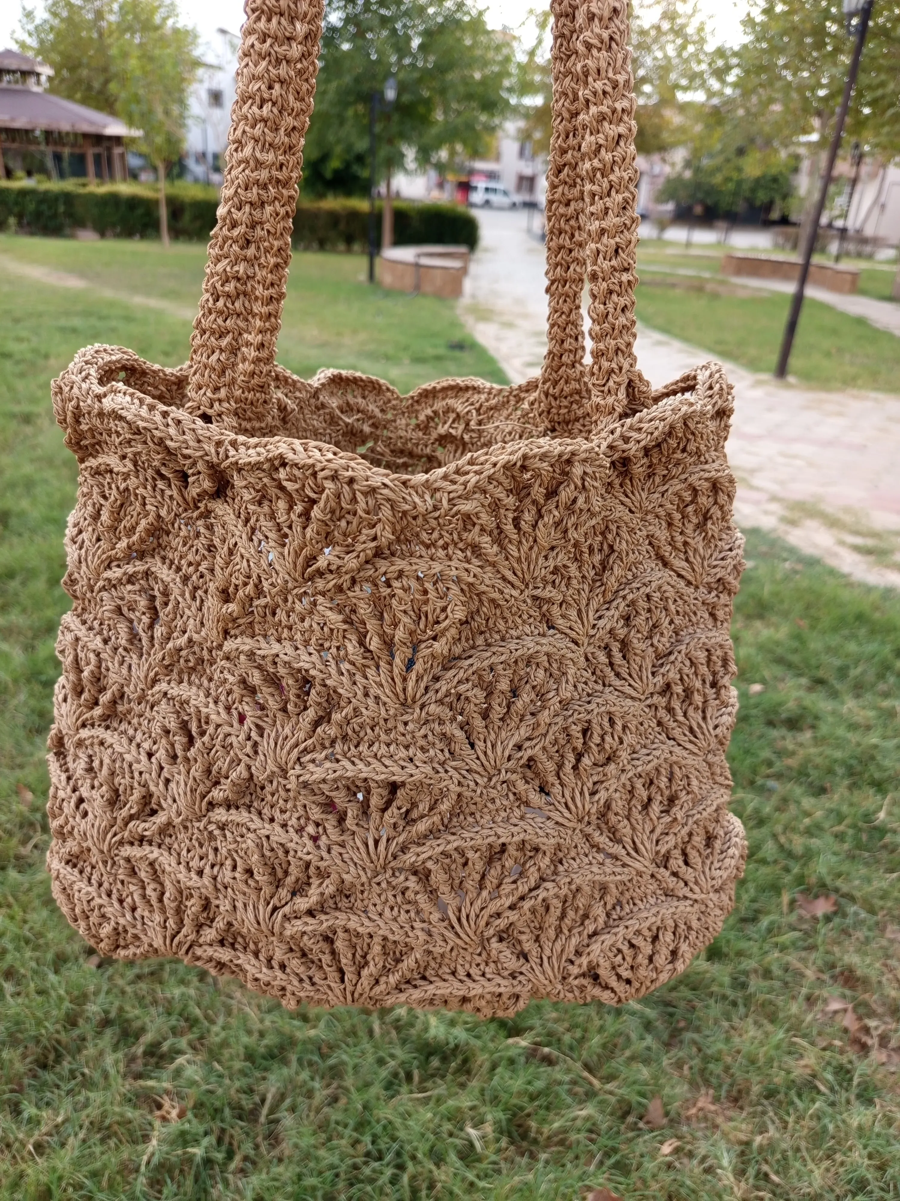 Handmade Crochet Brown Raffia Rope Shoulder Bag - Beach and Daily Use