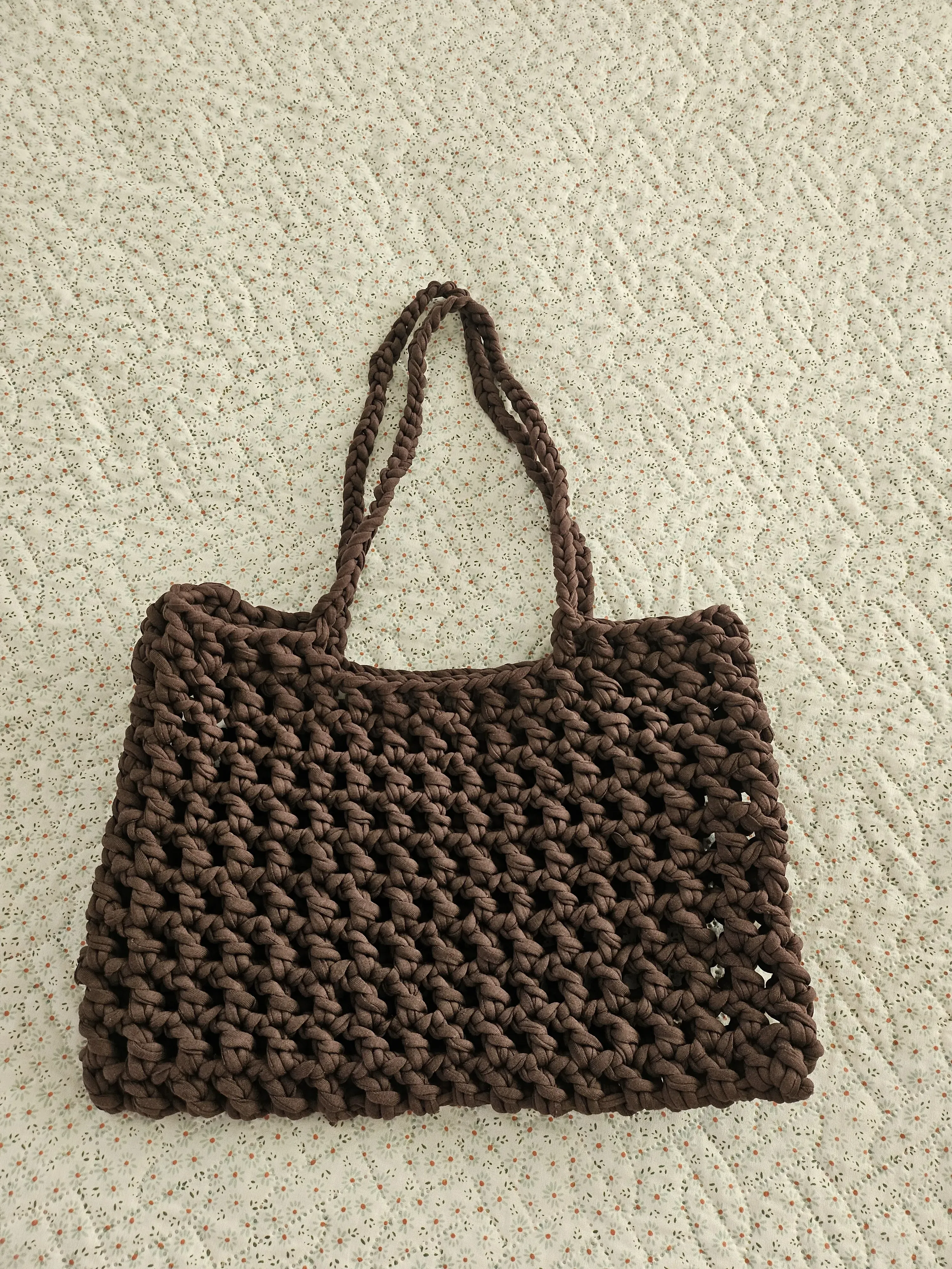 Handmade Brown Knitted Mesh Bag from T-shirt Yarn - Stylish and Useful