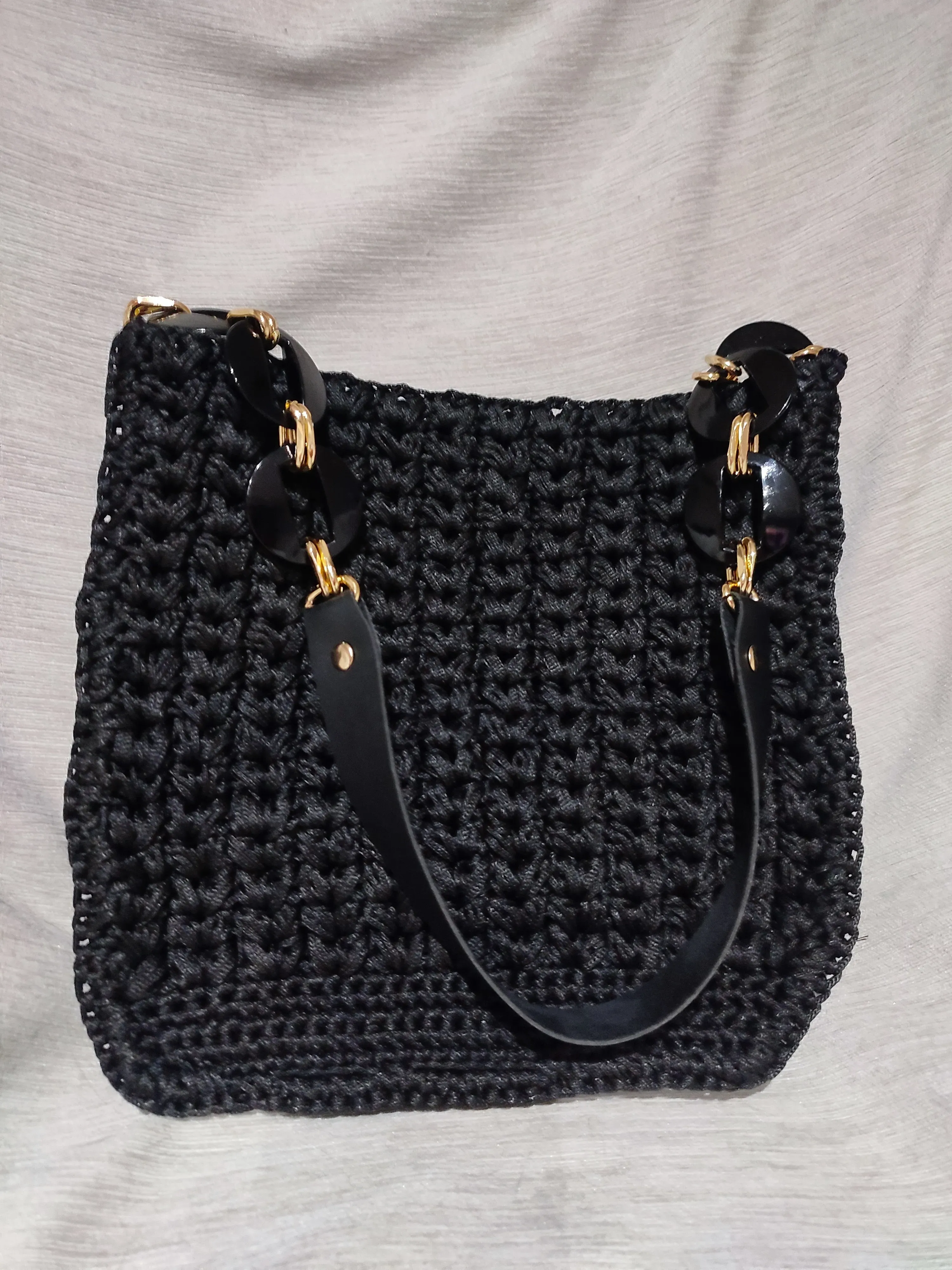 Black Macrame Knitted Shoulder Bag - Stylish Design and Handle Detailed