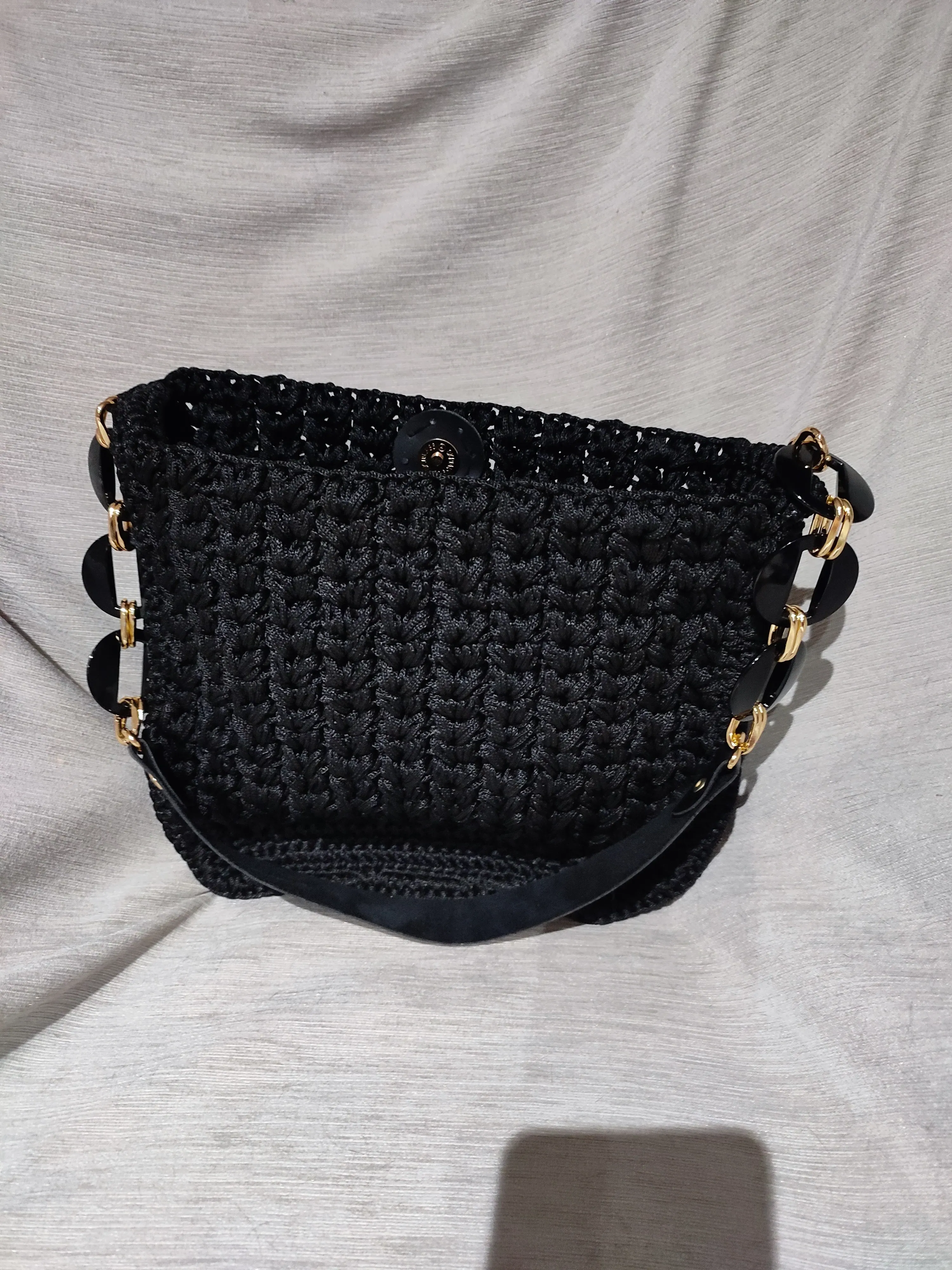 Black Macrame Knitted Shoulder Bag - Stylish Design and Handle Detailed