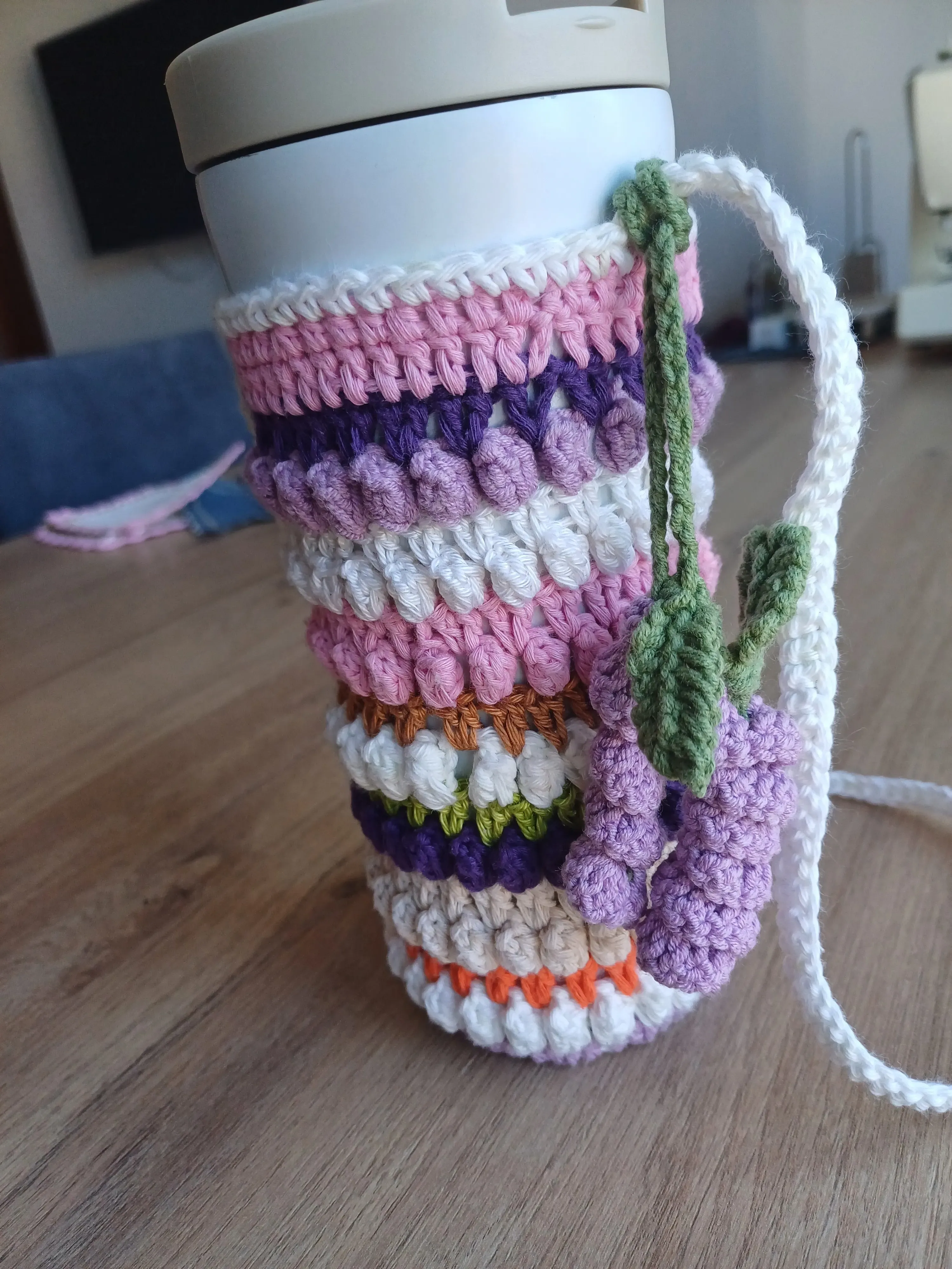 Colorful Knitted Thermos Sleeve and Carrying Strap - Lavender Charm Gift