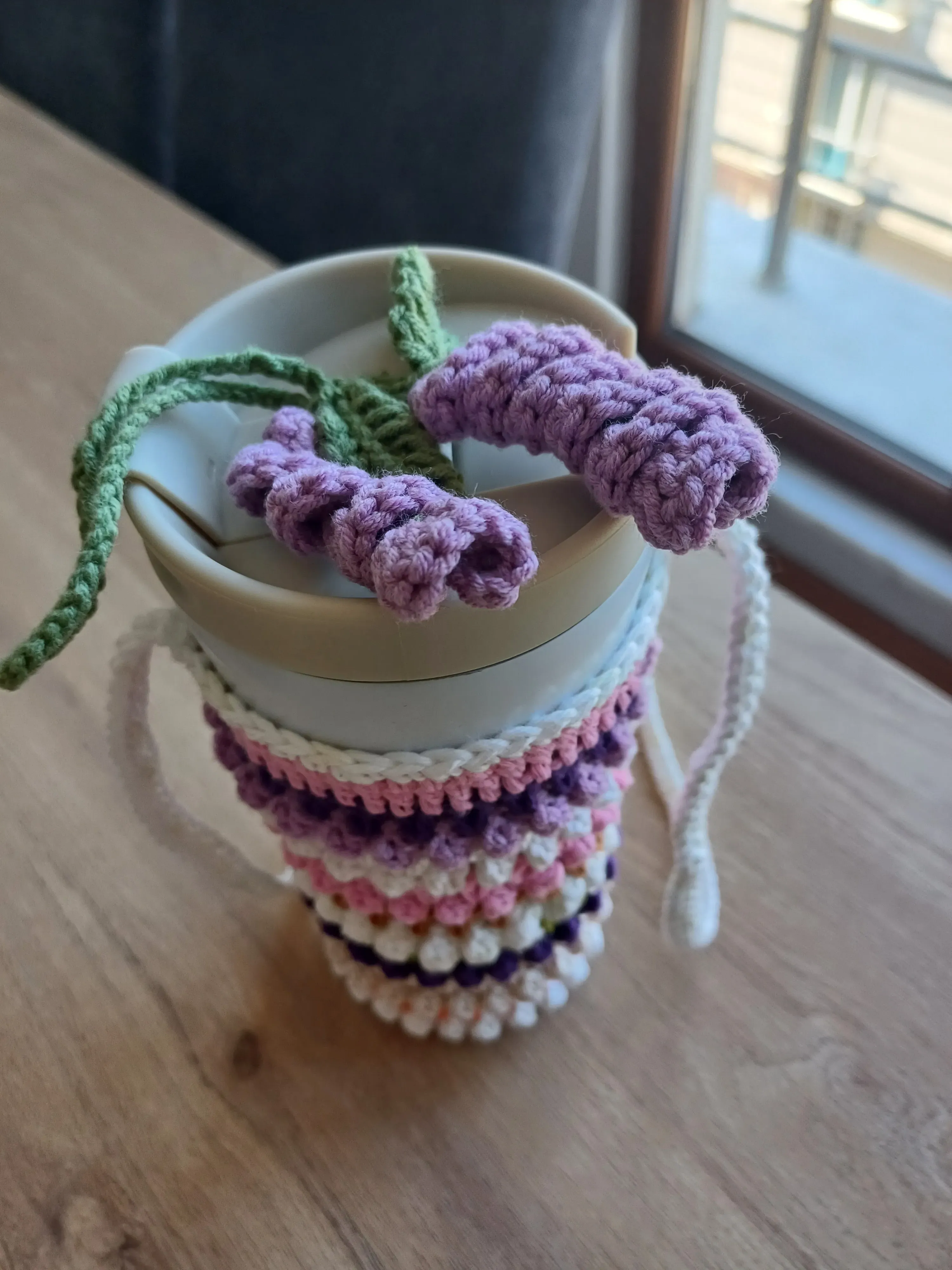 Colorful Knitted Thermos Sleeve and Carrying Strap - Lavender Charm Gift