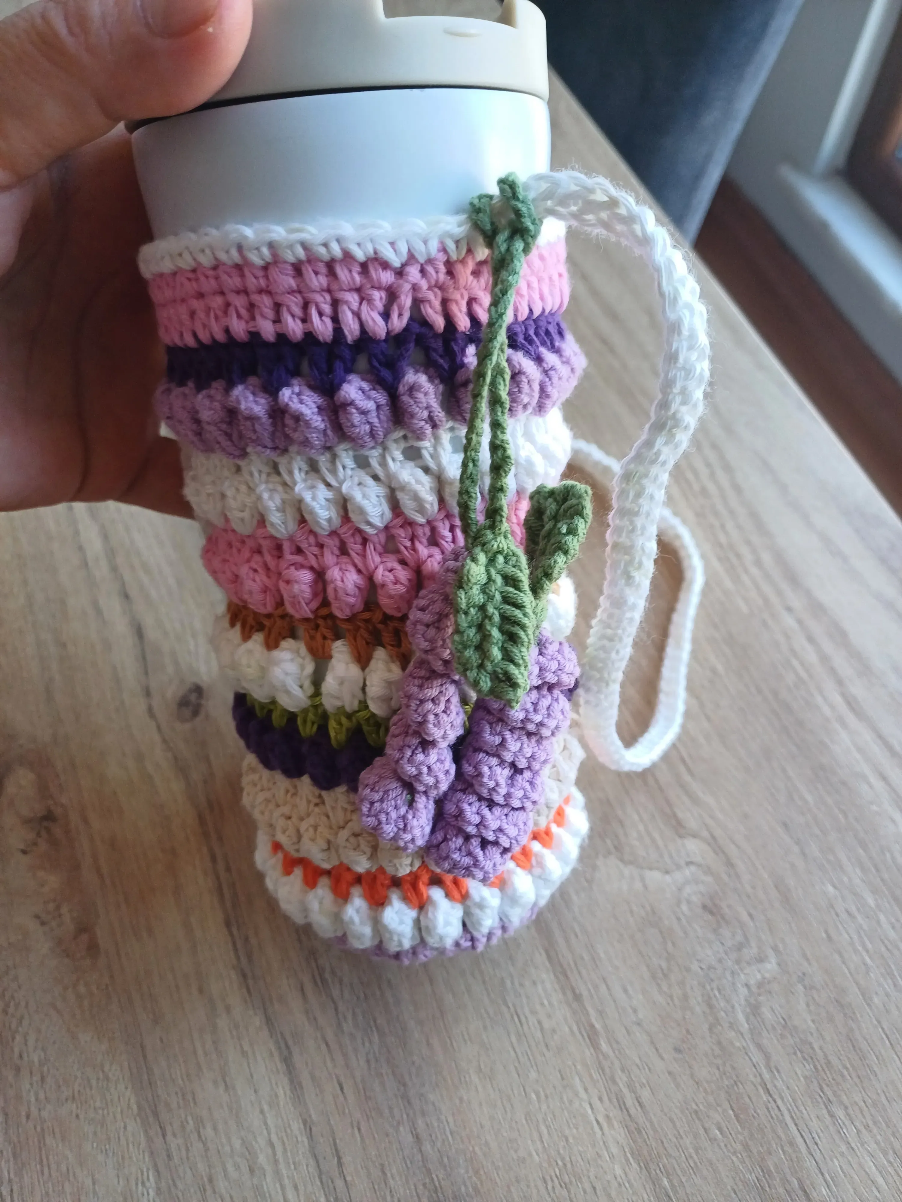Colorful Knitted Thermos Sleeve and Carrying Strap - Lavender Charm Gift