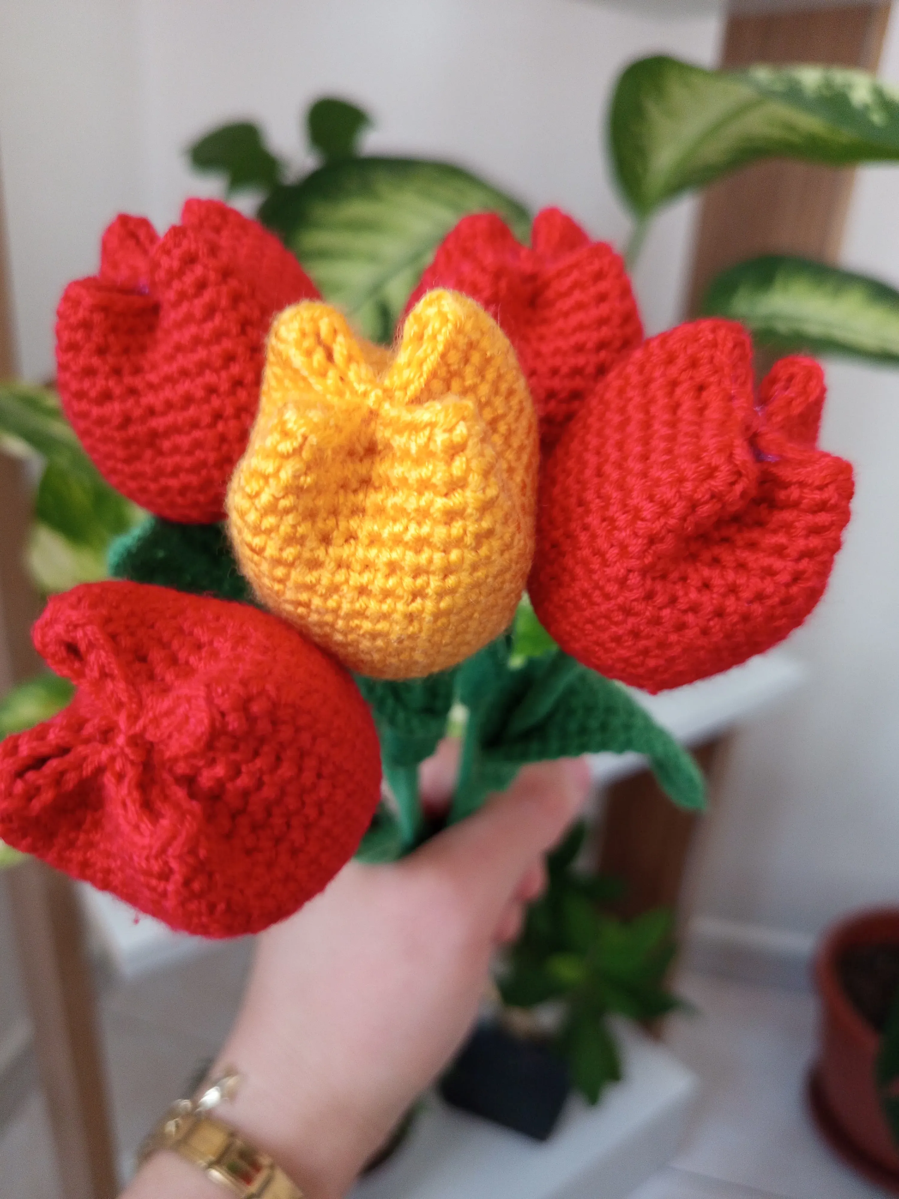 Hand Knitted Yellow and Red Tulips