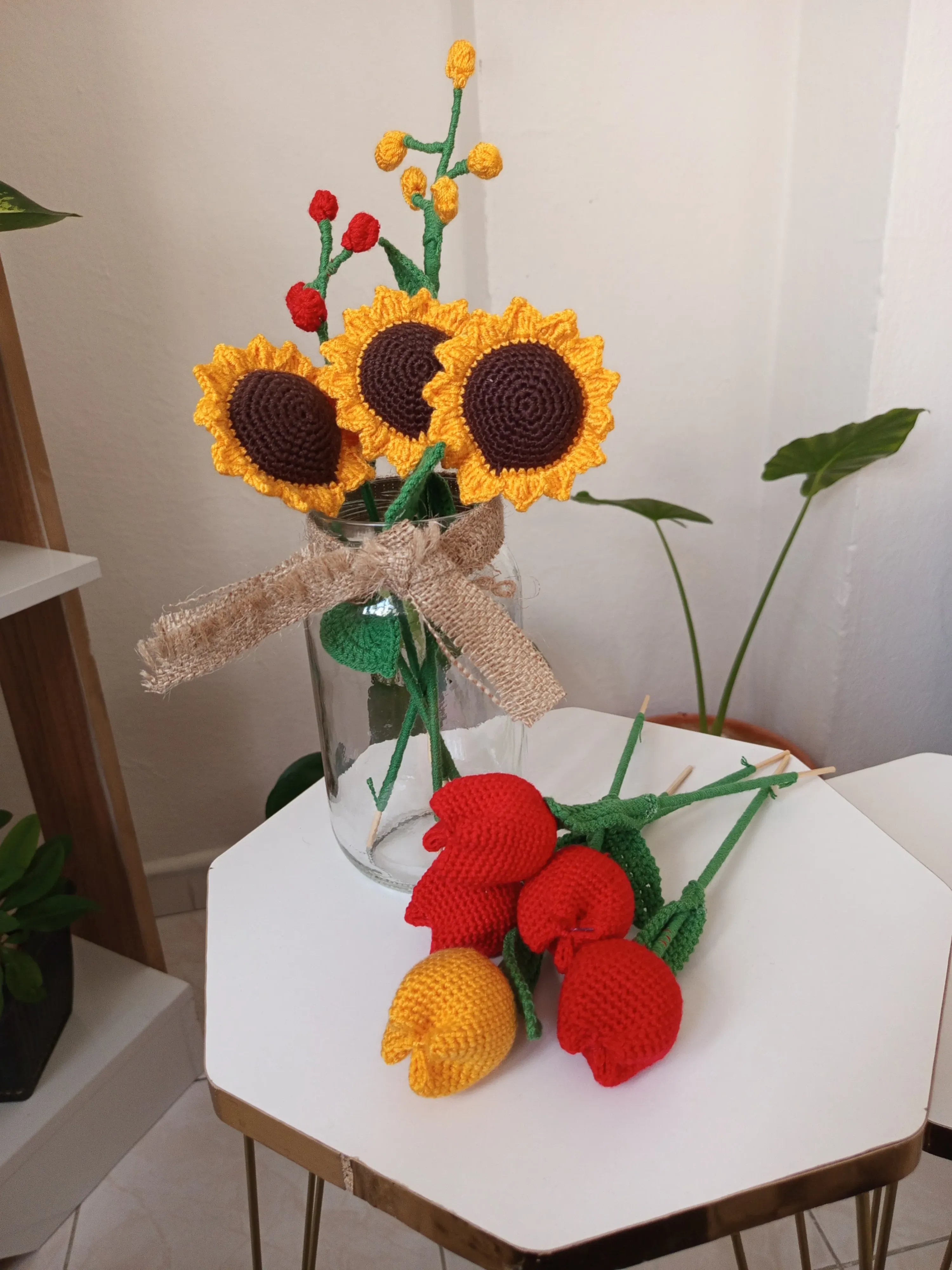 Hand Knitted Yellow and Red Tulips